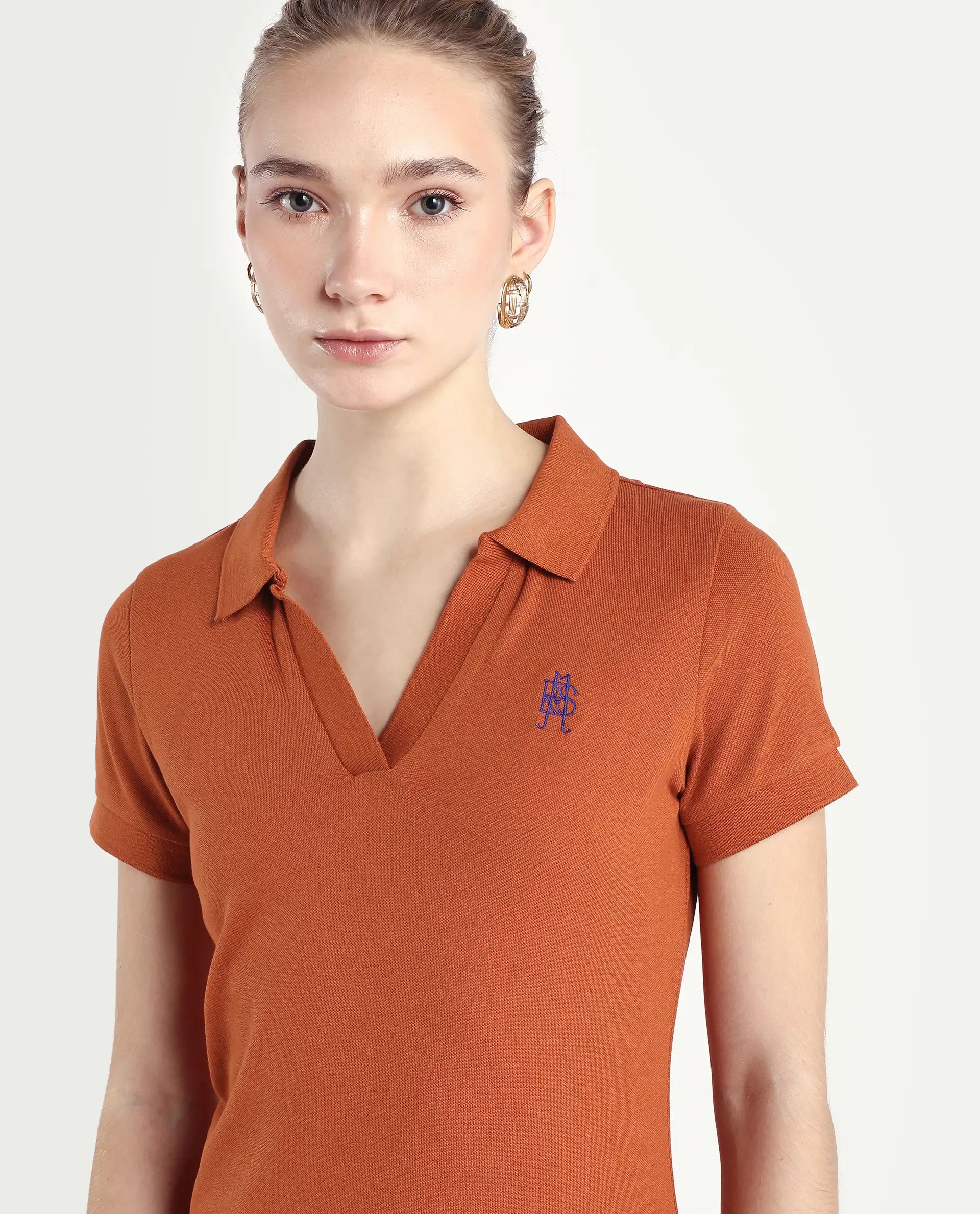 Rareism Women's Van-Rust Cotton Blend Polo Neck Plain Regular Fit Polo