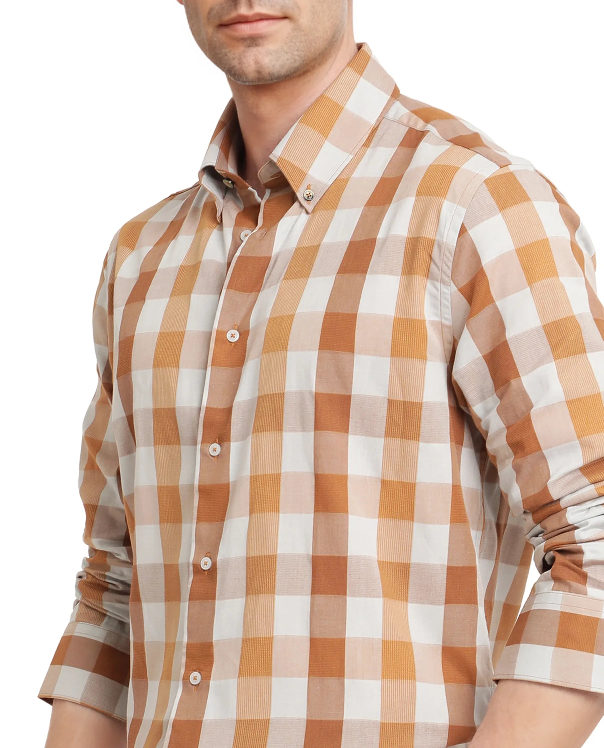 Rare Rabbit Men's Vanta Dusky Mustard Cotton Fabric Full Sleeve Regular Fit Checks Shirt
