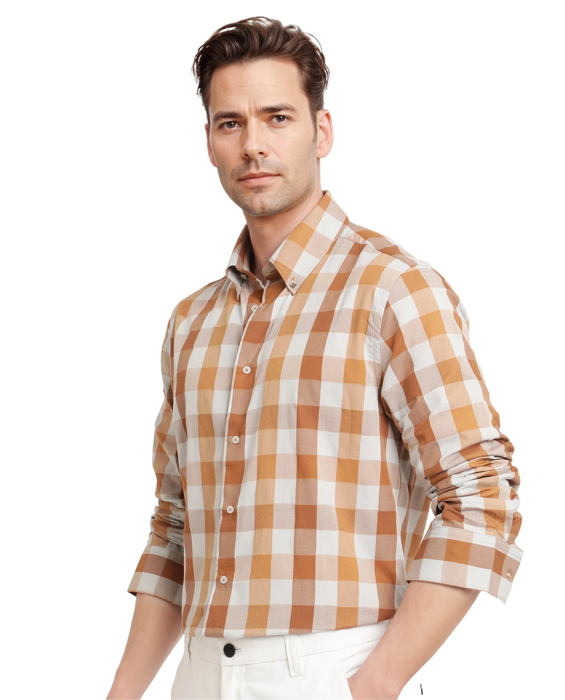 Rare Rabbit Men's Vanta Dusky Mustard Cotton Fabric Full Sleeve Regular Fit Checks Shirt