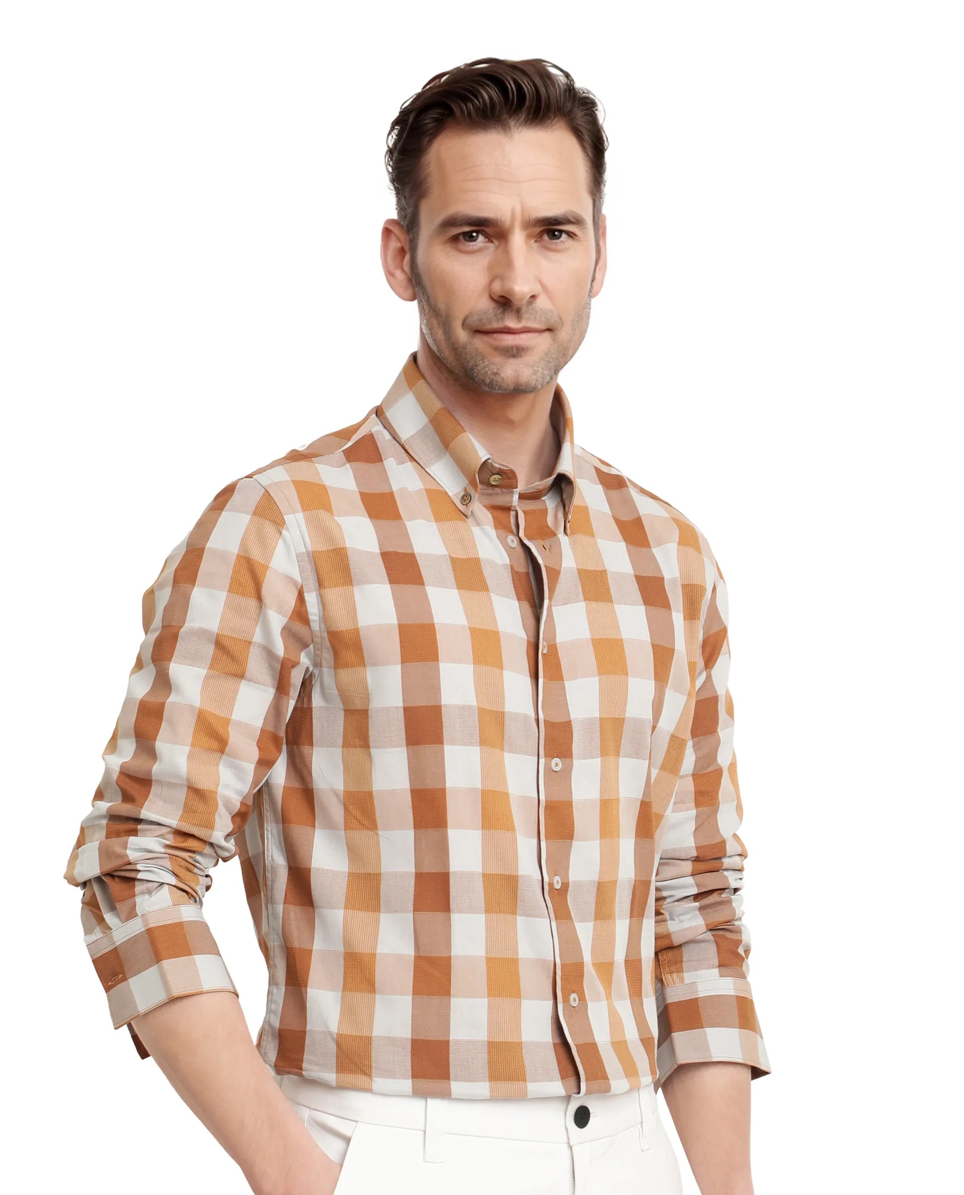 Rare Rabbit Men's Vanta Dusky Mustard Cotton Fabric Full Sleeve Regular Fit Checks Shirt