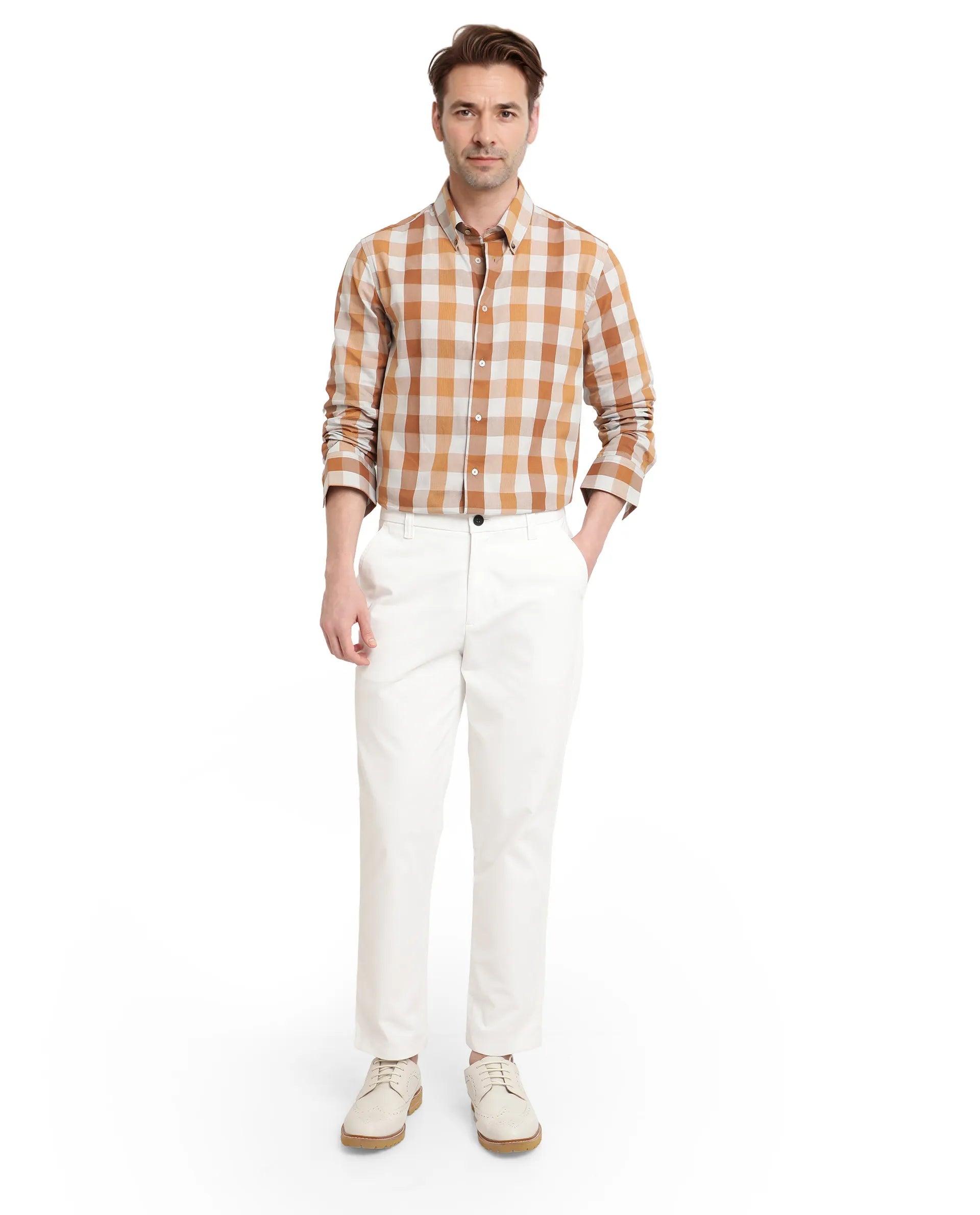 Rare Rabbit Men's Vanta Dusky Mustard Cotton Fabric Full Sleeve Regular Fit Checks Shirt