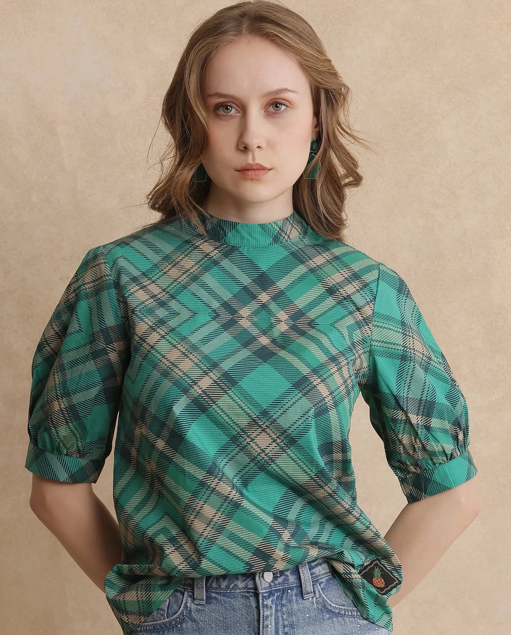 Rareism Women Vante Primary Green Puffed Sleeve Top