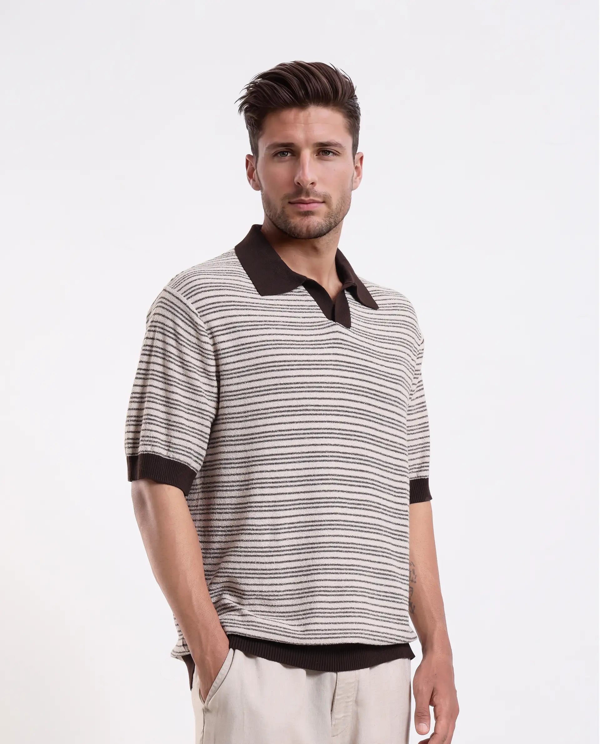 Rare Rabbit Men's Trin Brown Cotton Plain Regular Fit Half Sleeve Polo