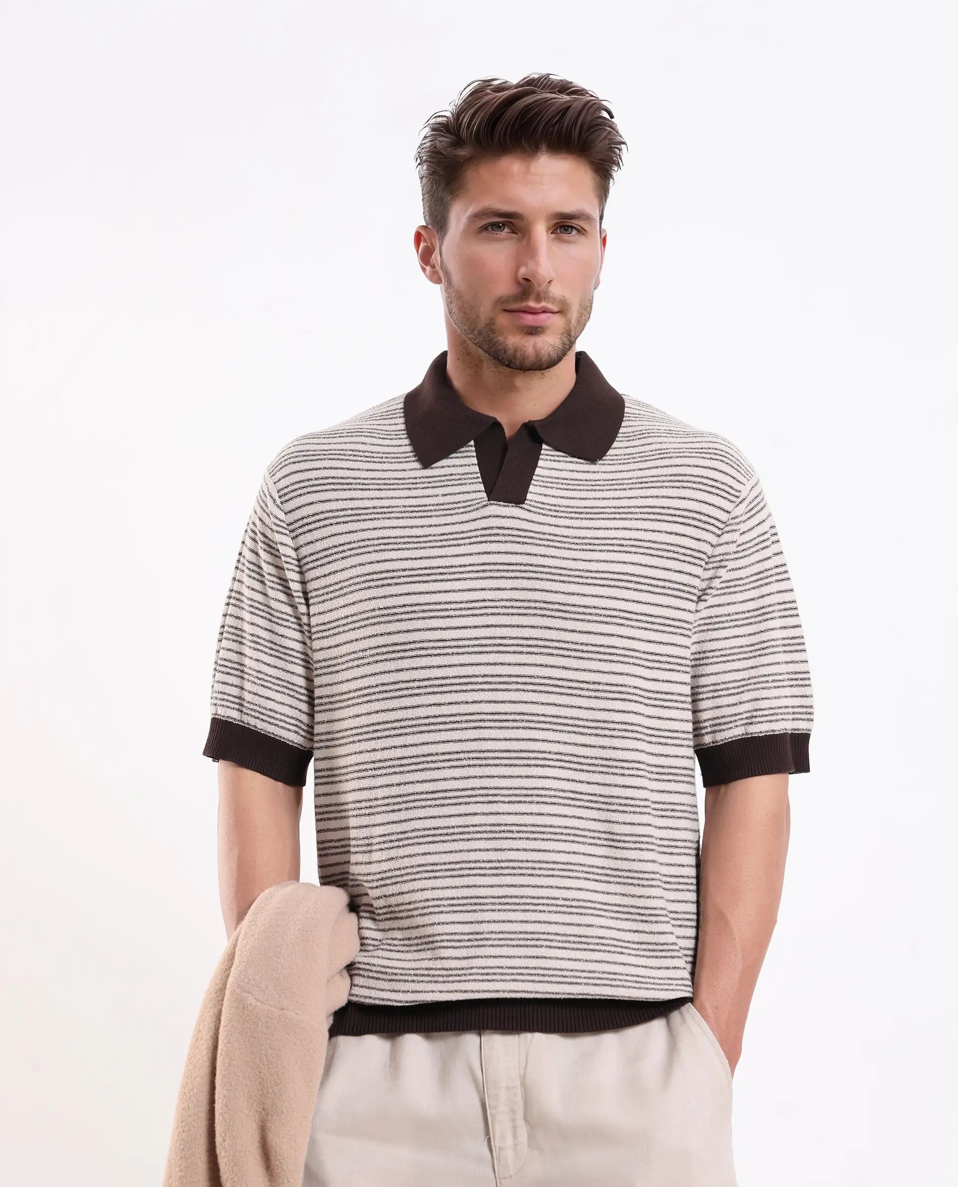 Rare Rabbit Men's Trin Brown Cotton Plain Regular Fit Half Sleeve Polo