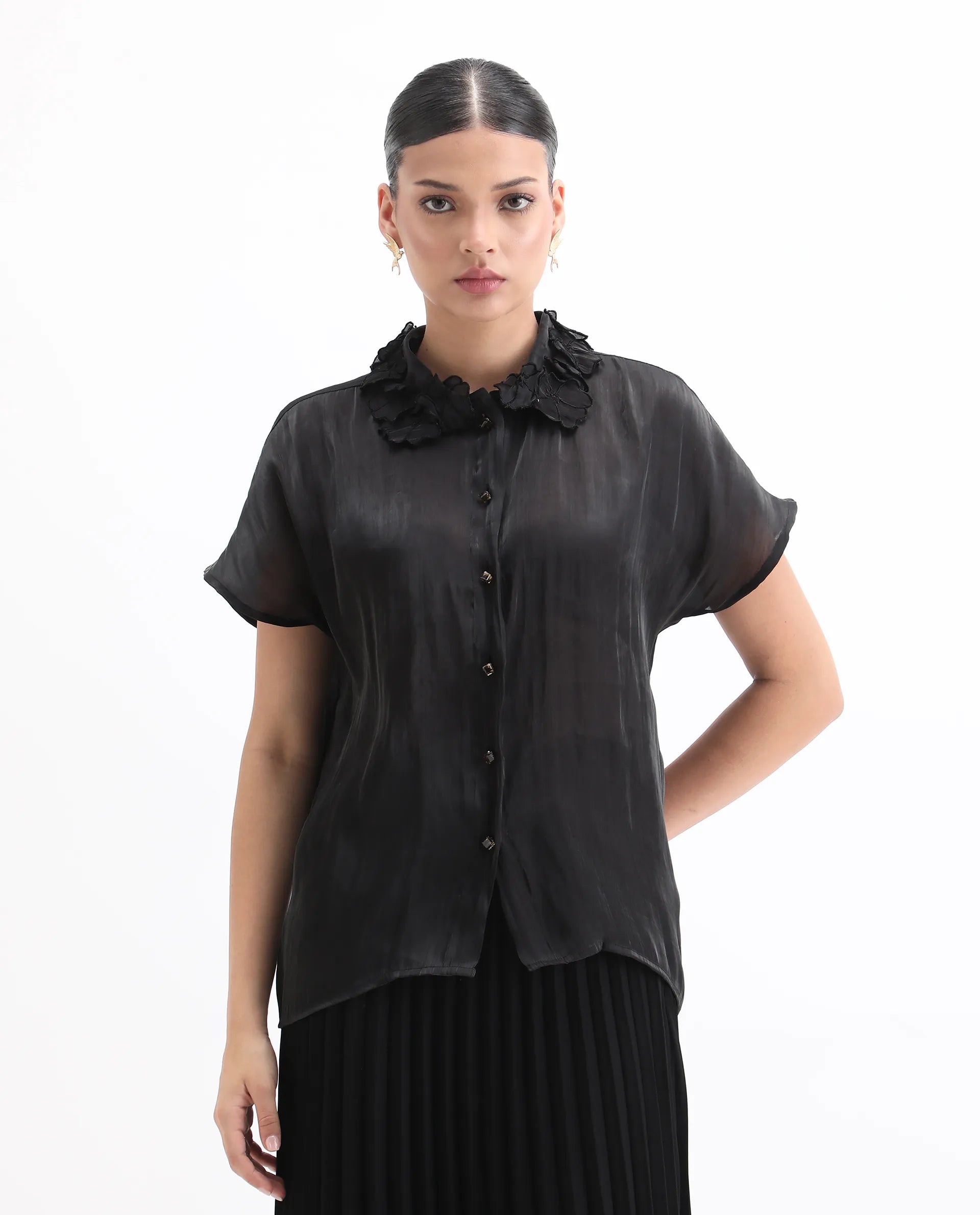 Rareism Women's Varfa Black Polyester Drop Collar Plain Boxy Fit Shirt