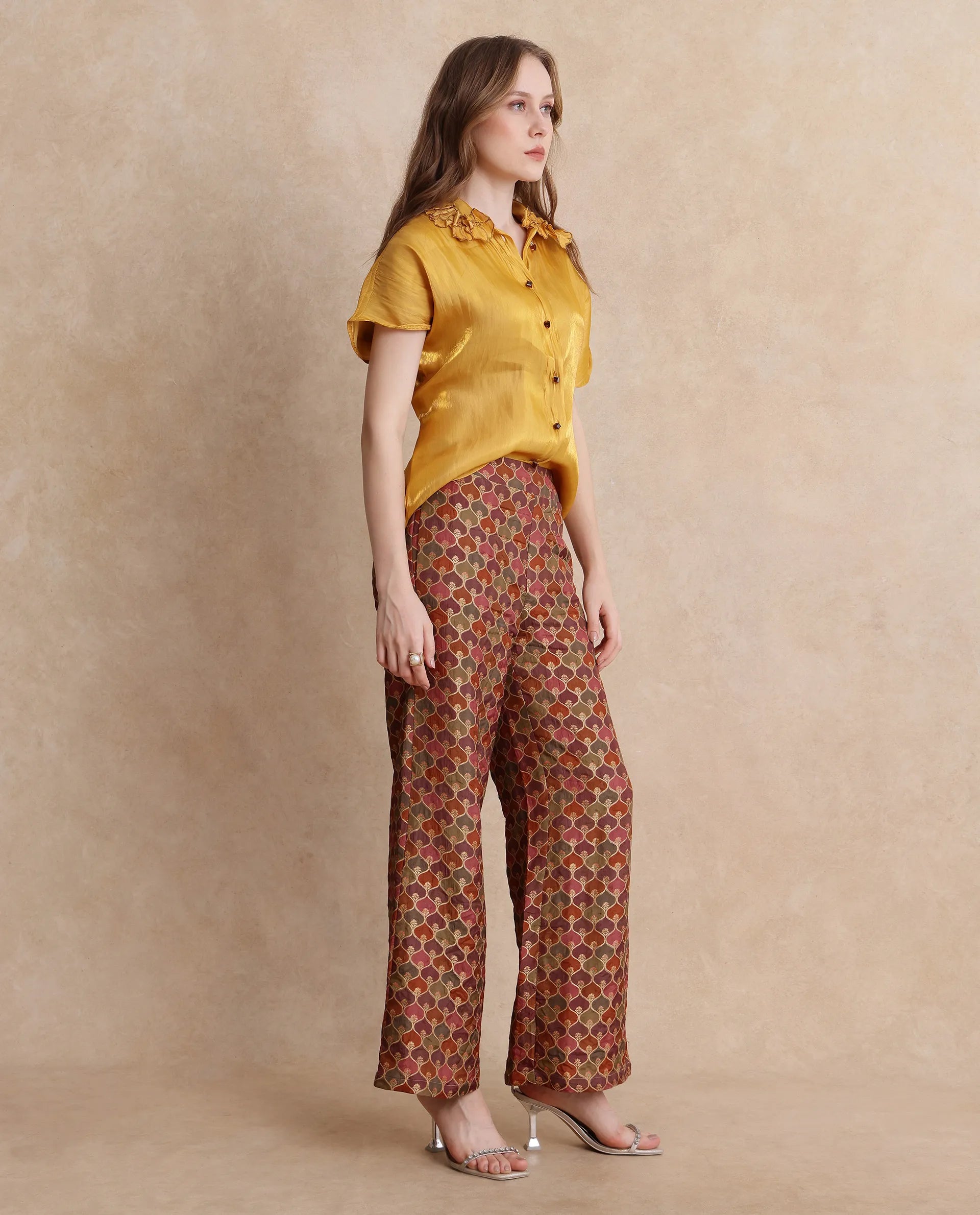 Rareism Women Varfa-B Multi Zipper Closure Flared Ankle Length Jacquard Trouser