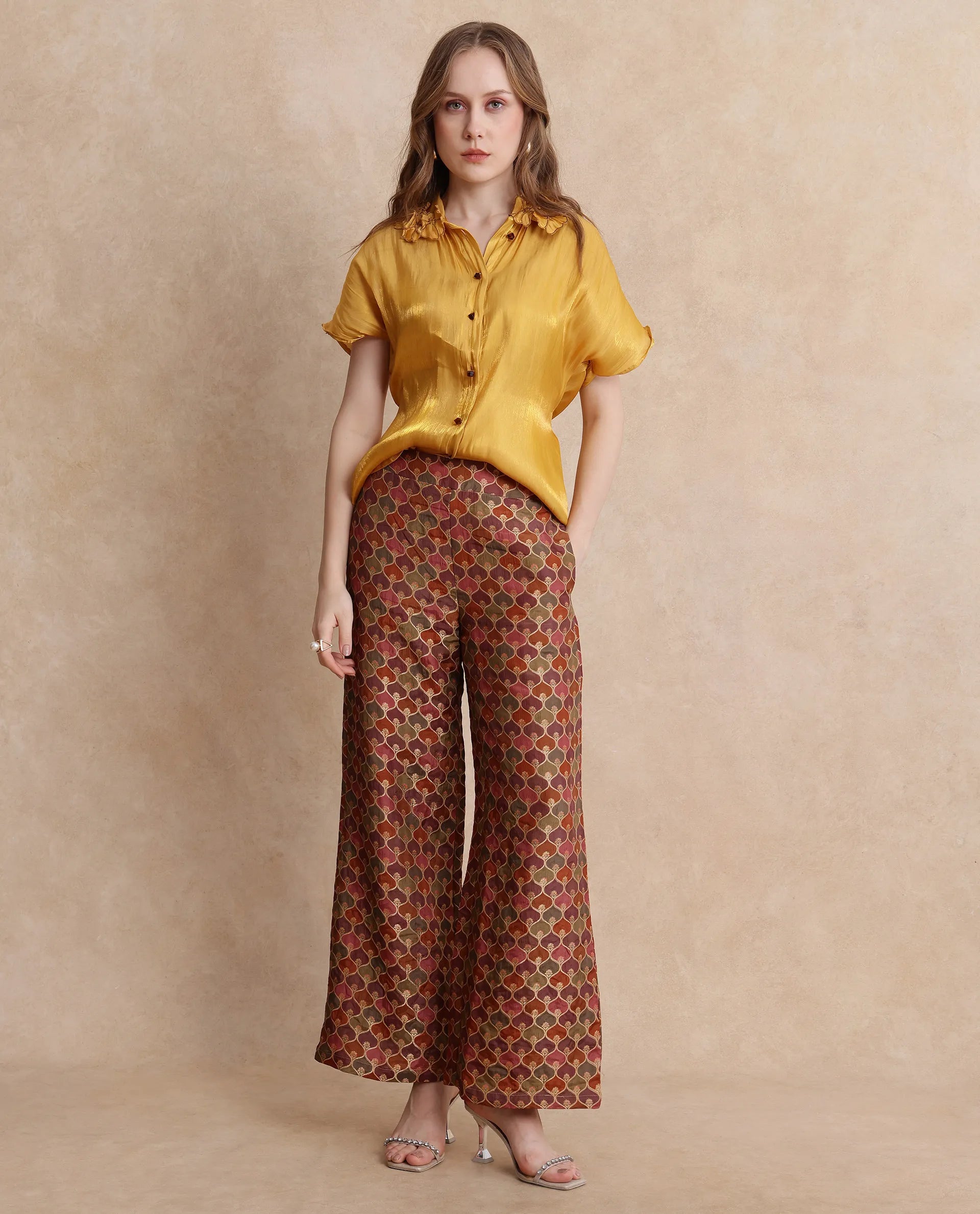 Rareism Women Varfa-B Multi Zipper Closure Flared Ankle Length Jacquard Trouser