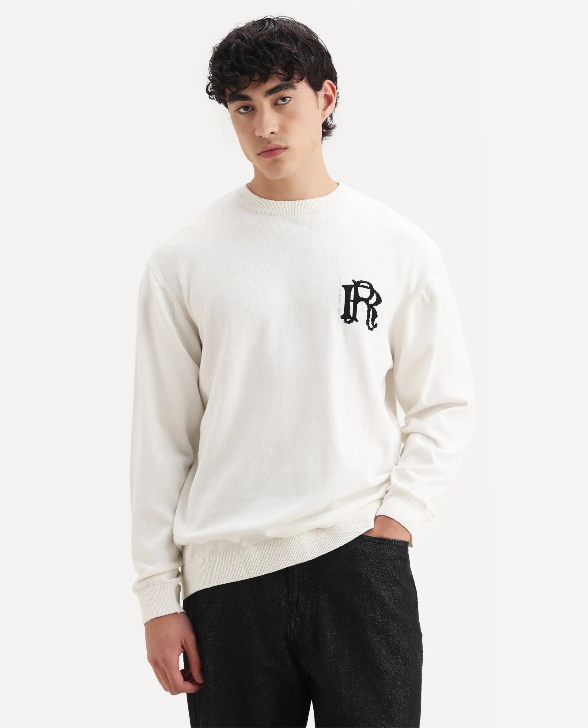 Rare Rabbit Men's Varo Off White Cotton Embroidered Regular Fit Full Sleeve Crew Neck Sweater