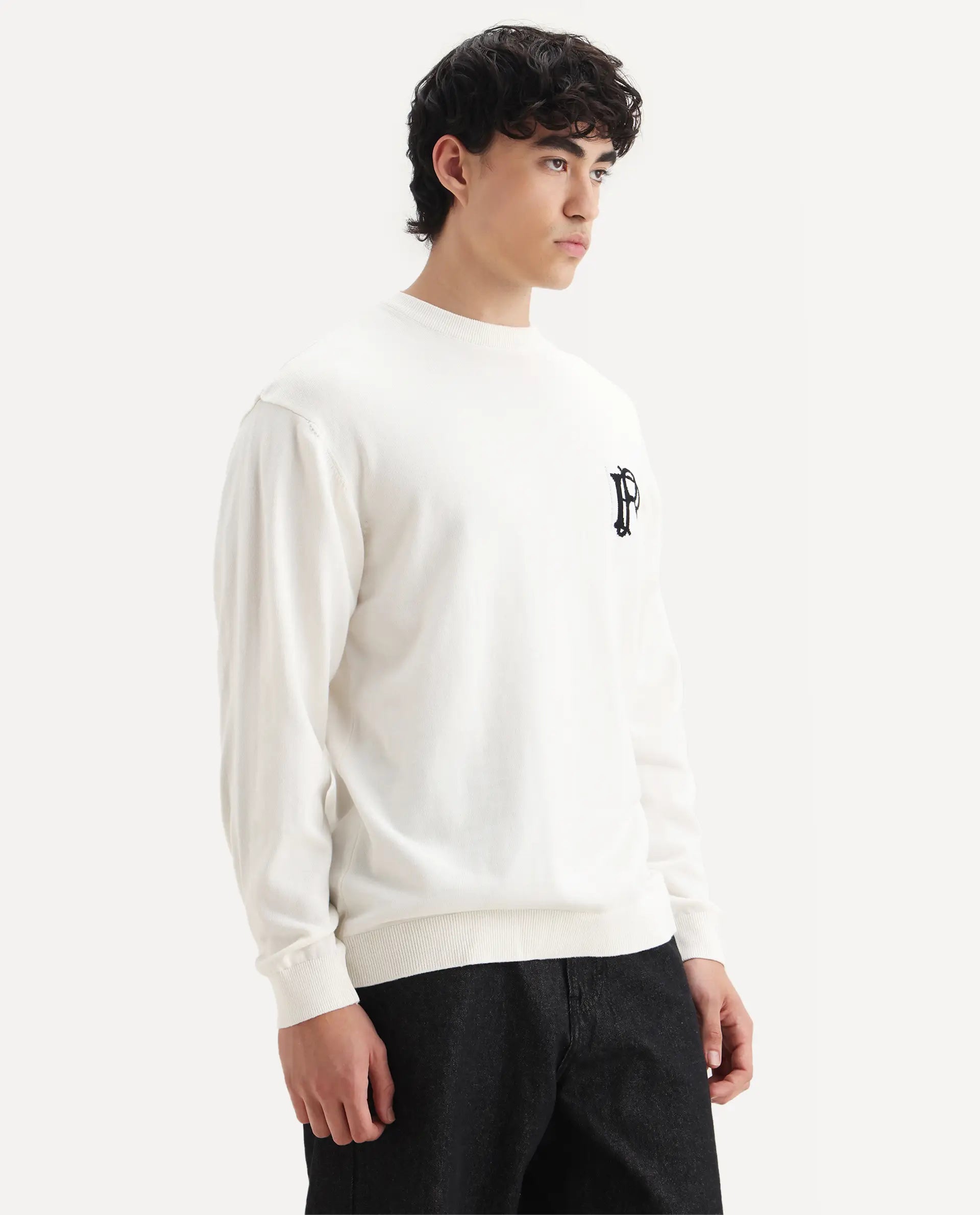 Rare Rabbit Men's Varo Off White Cotton Embroidered Regular Fit Full Sleeve Crew Neck Sweater