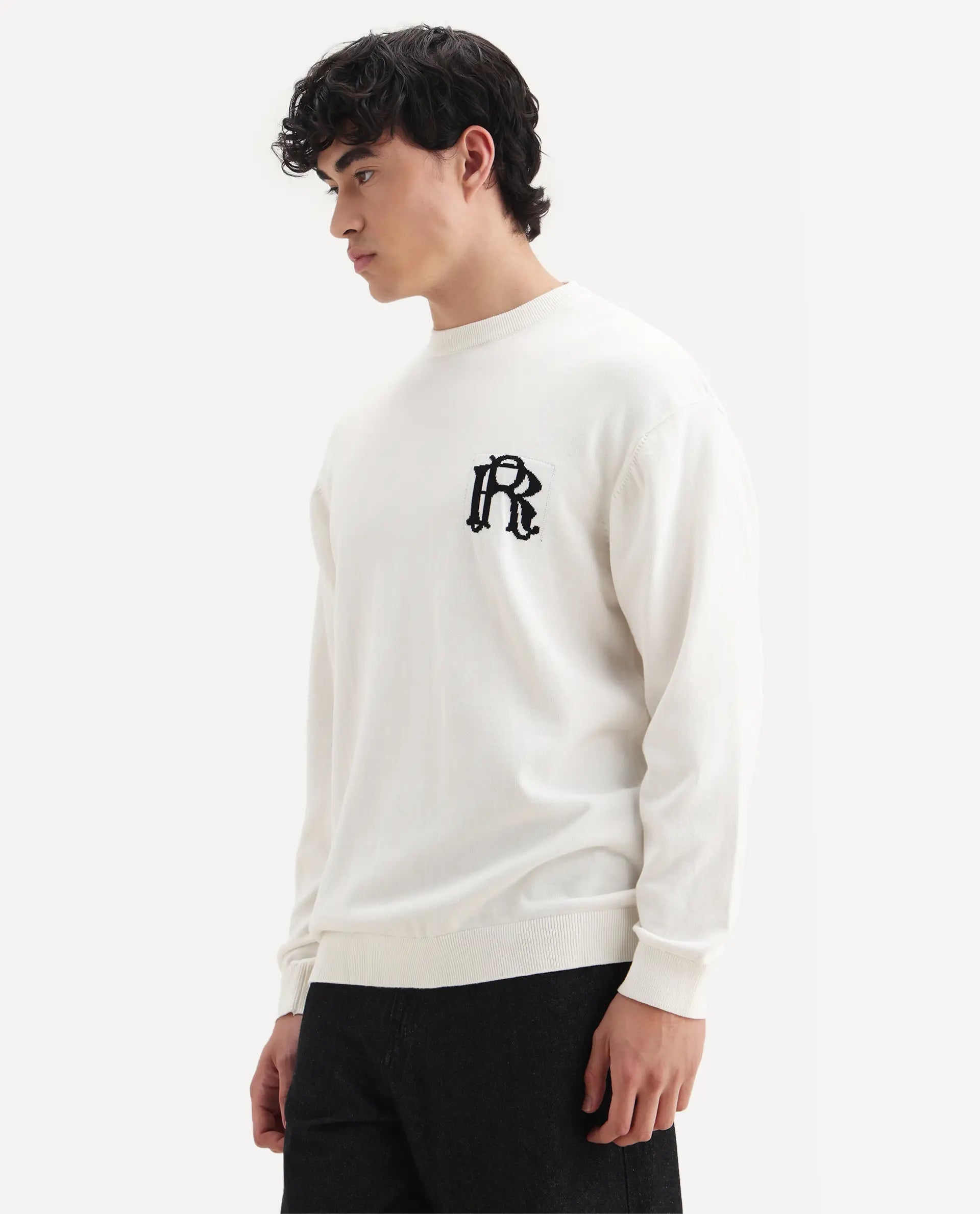 Rare Rabbit Men's Varo Off White Cotton Embroidered Regular Fit Full Sleeve Crew Neck Sweater