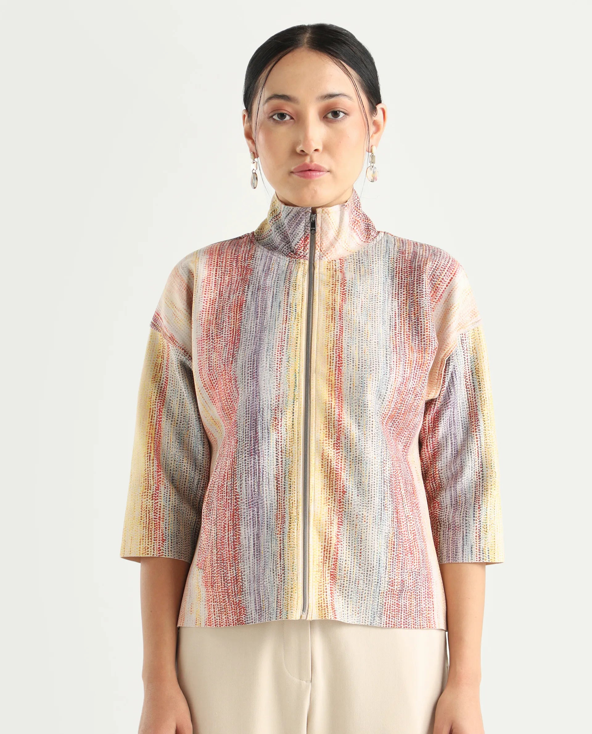 Rareism Women's Vasa Light Multi Polyester Blend Stand Collar Abstract Print Boxy Fit Jacket