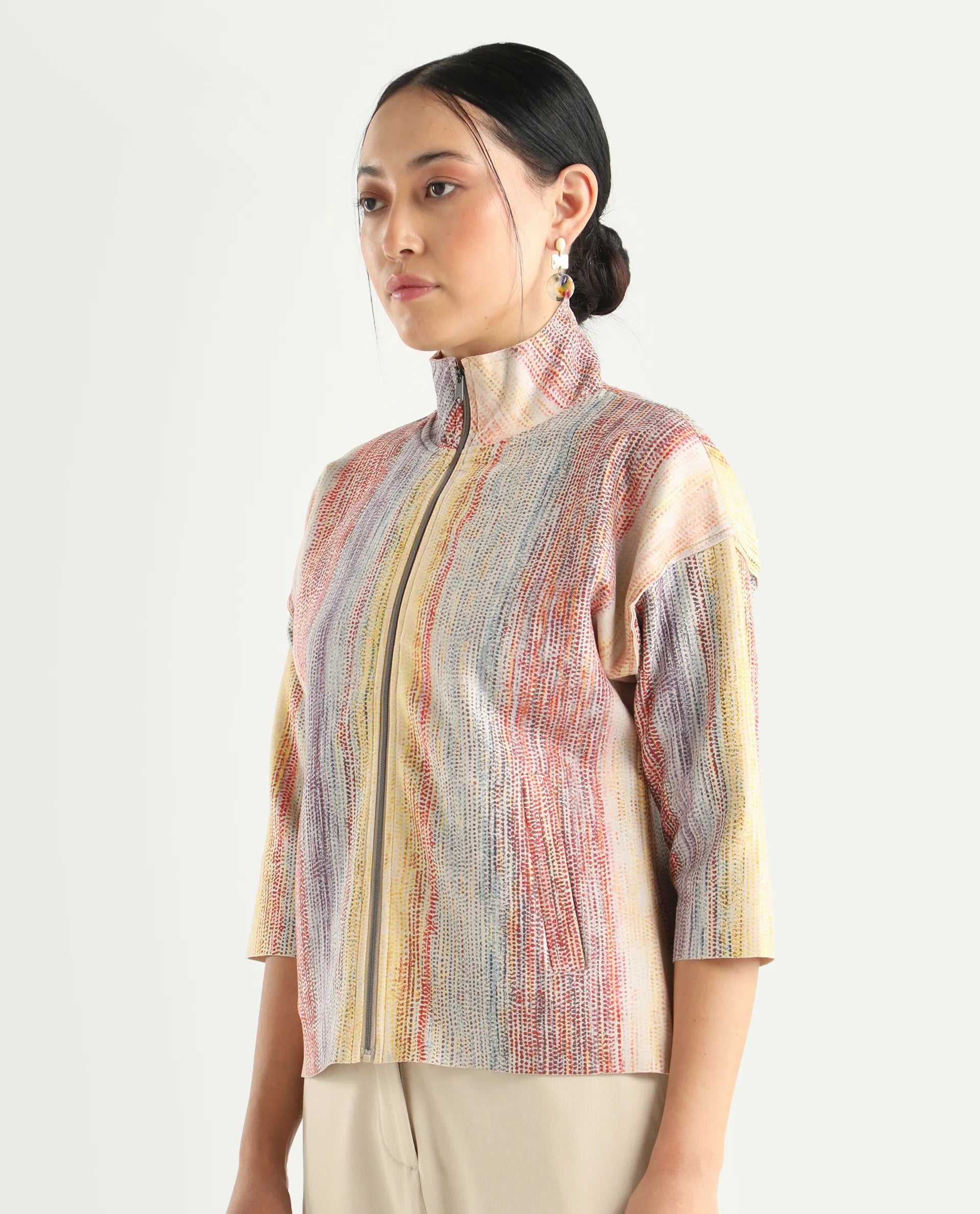 Rareism Women's Vasa Light Multi Polyester Blend Stand Collar Abstract Print Boxy Fit Jacket