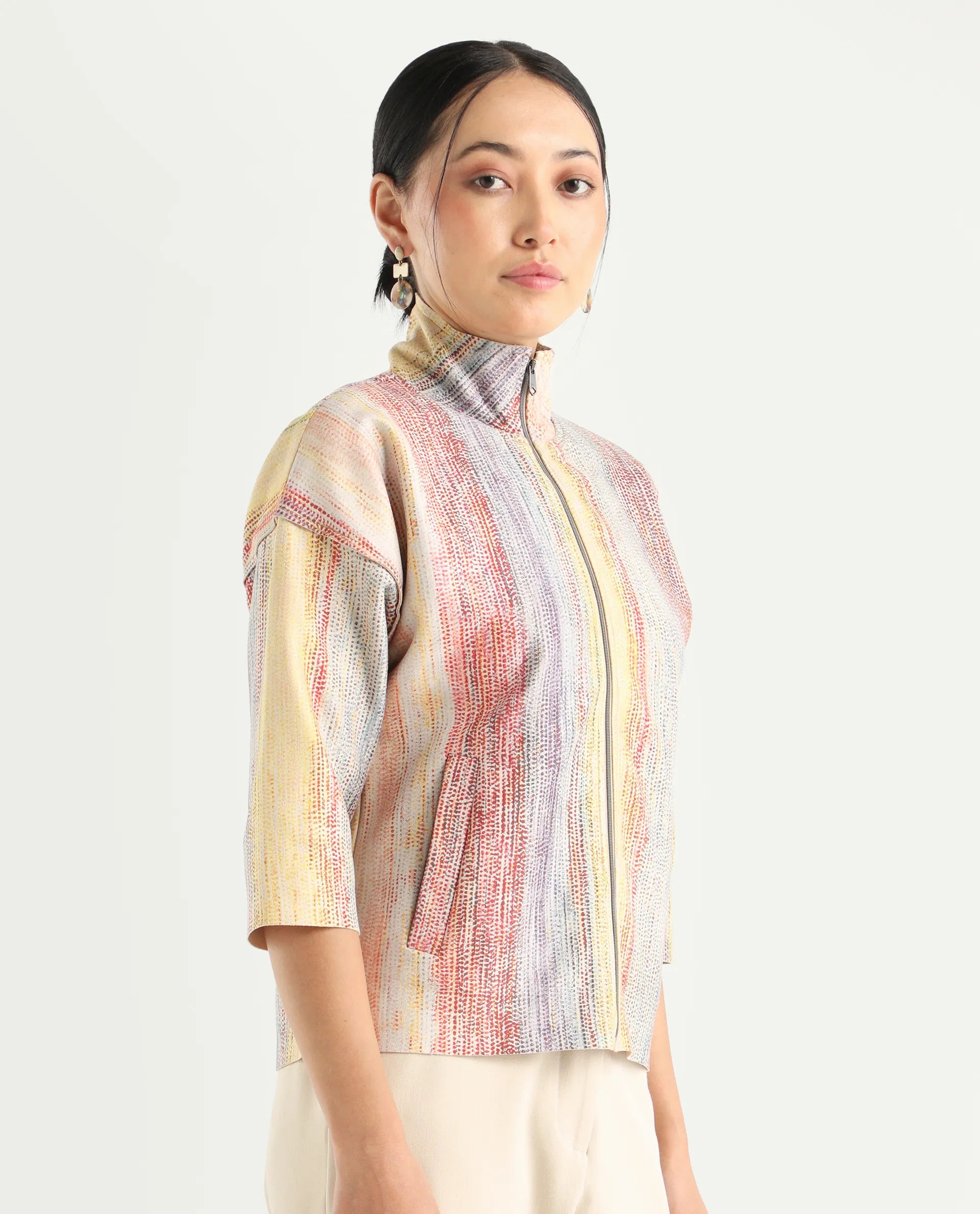 Rareism Women's Vasa Light Multi Polyester Blend Stand Collar Abstract Print Boxy Fit Jacket
