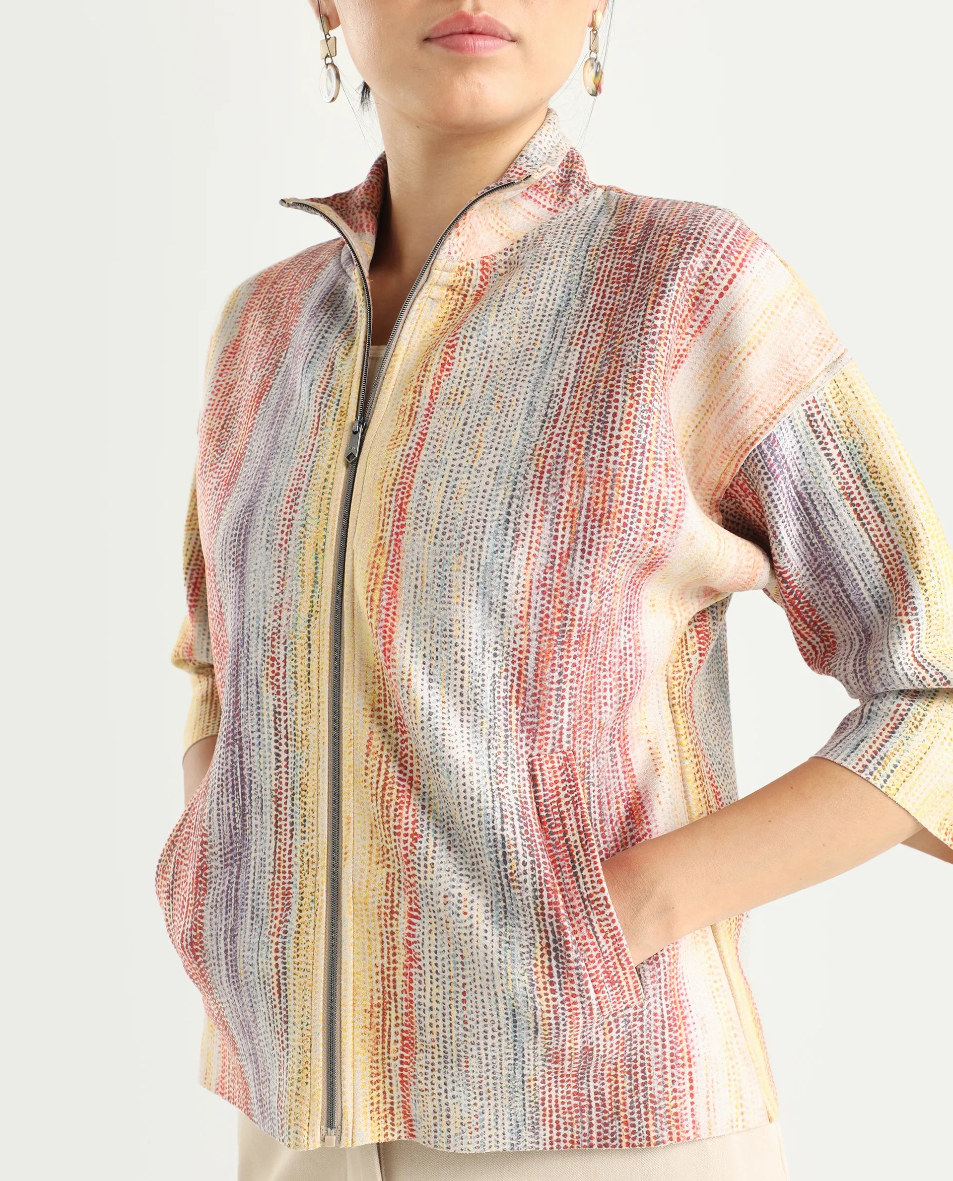 Rareism Women's Vasa Light Multi Polyester Blend Stand Collar Abstract Print Boxy Fit Jacket