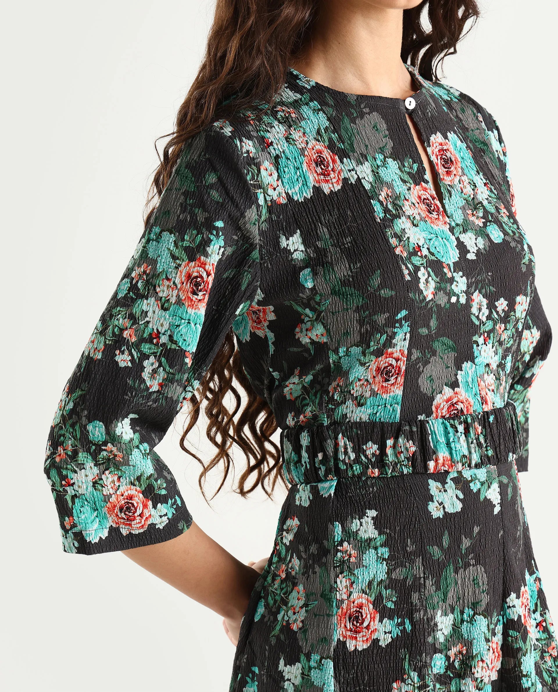 Rareism Women's Vasec Grey Key Hole Neck Floral Print Knee Length Regular Fit Dress