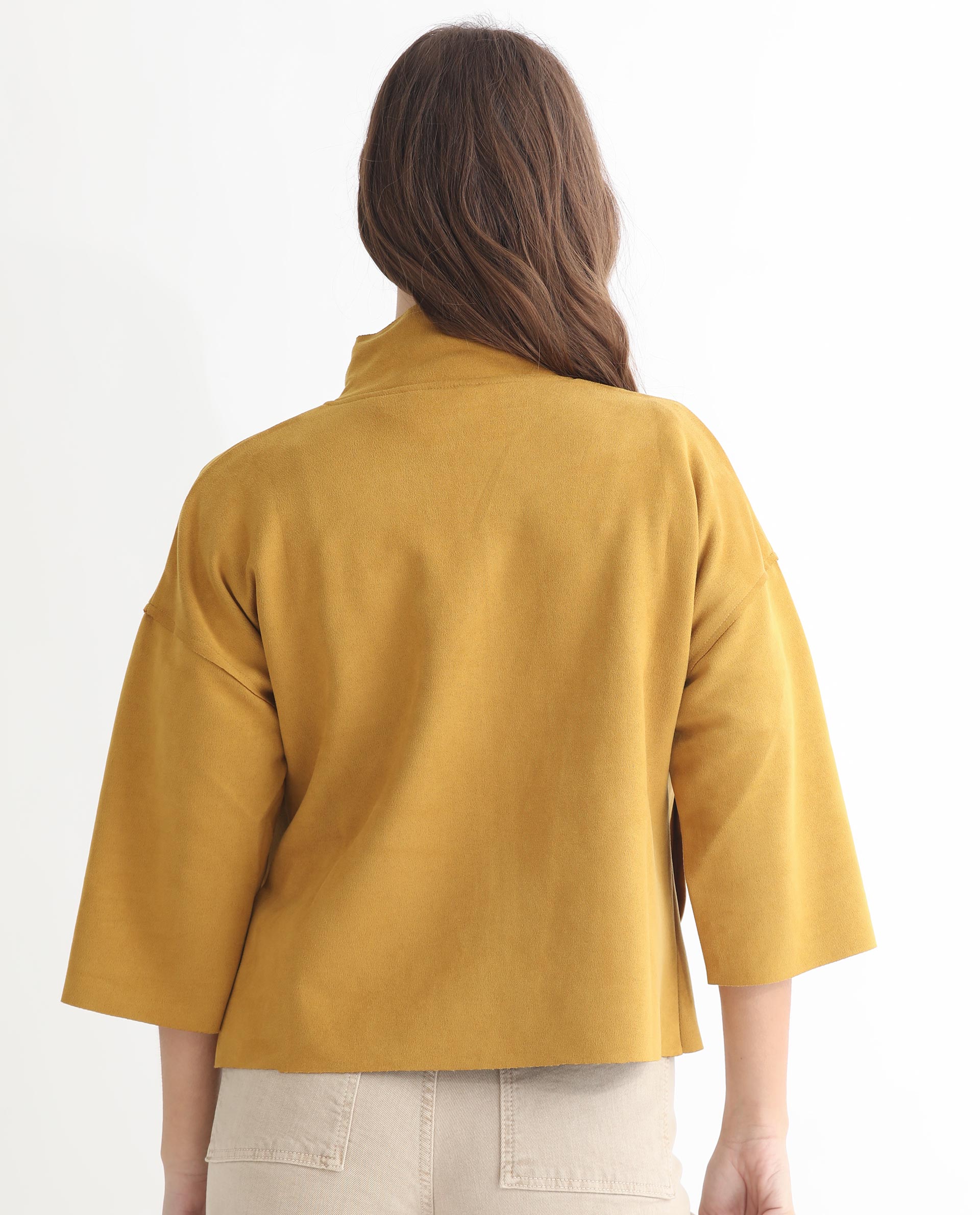 Rareism Women Vasu 1 Mustard Polyester Fabric 3/4Th Sleeves Solid Mandarin Collar Jacket