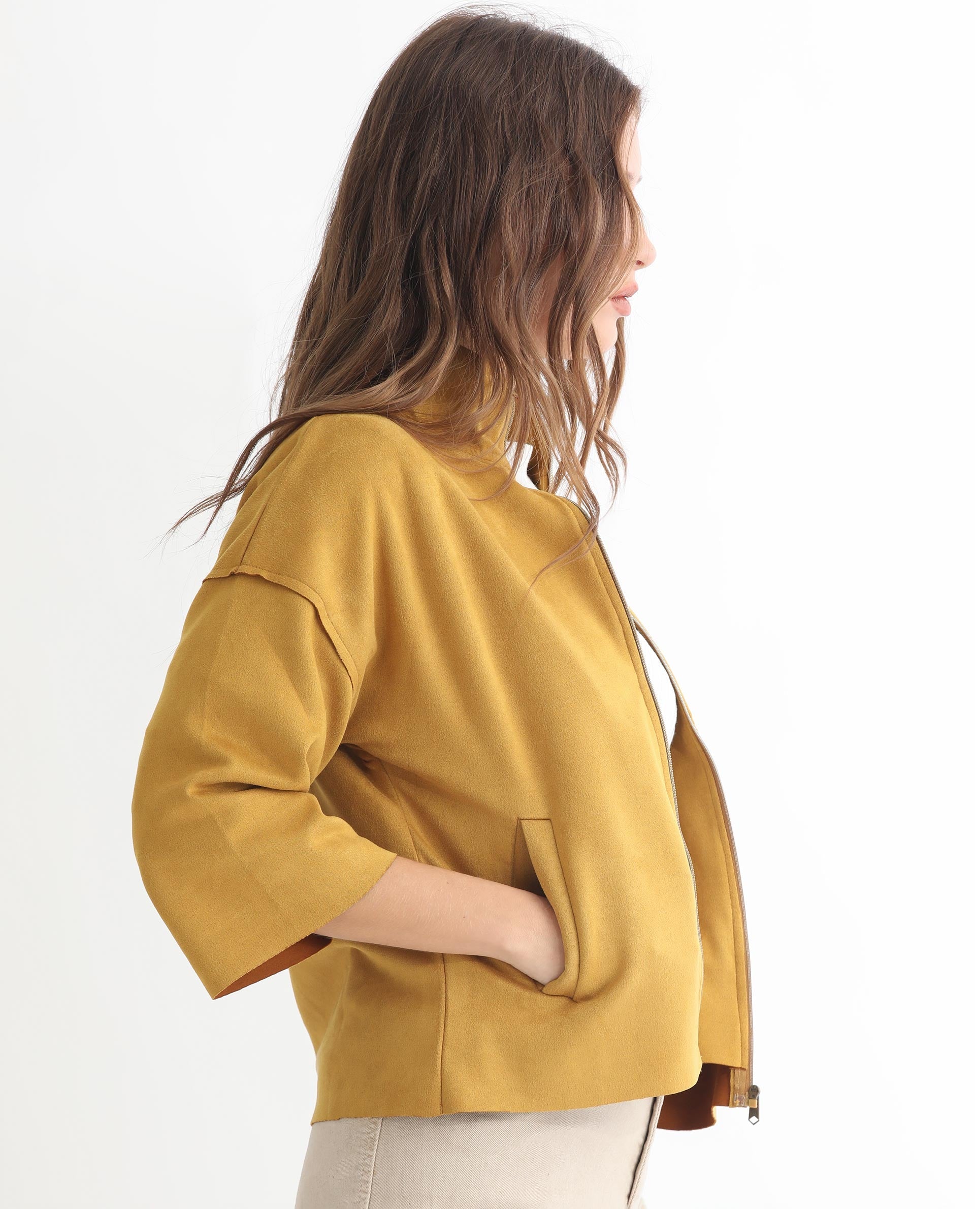 Rareism Women Vasu 1 Mustard Polyester Fabric 3/4Th Sleeves Solid Mandarin Collar Jacket