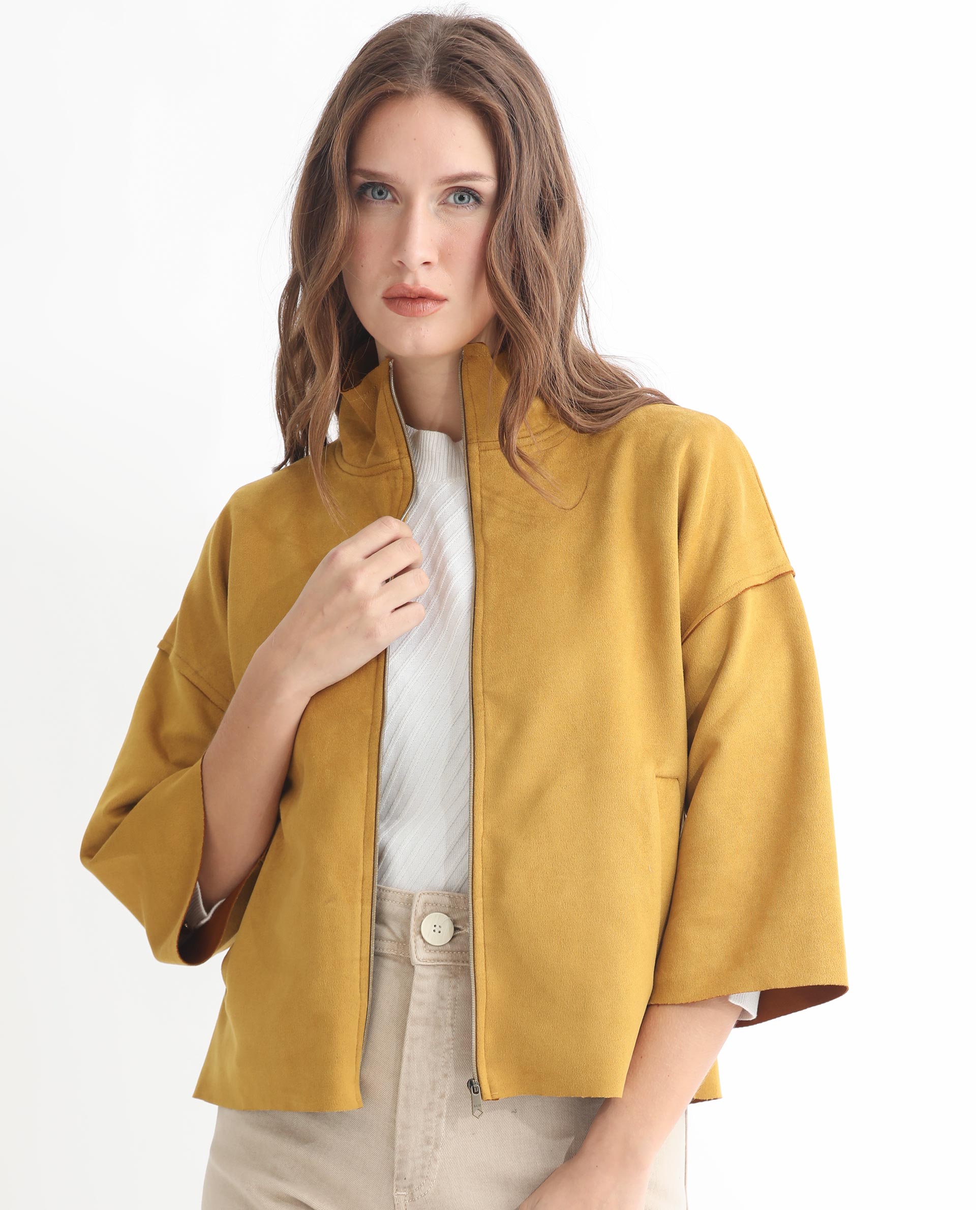 Rareism Women Vasu 1 Mustard Polyester Fabric 3/4Th Sleeves Solid Mandarin Collar Jacket