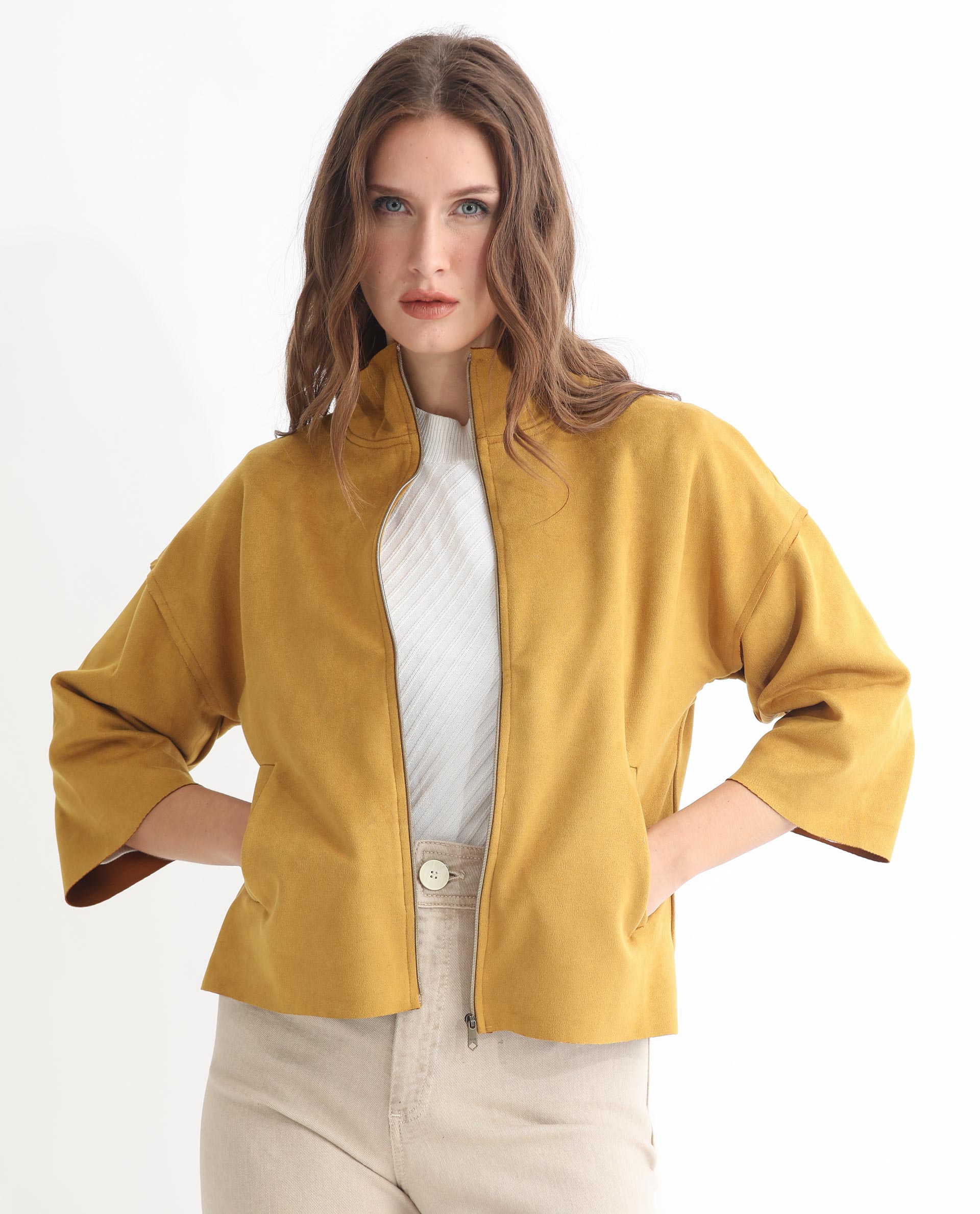 Rareism Women Vasu 1 Mustard Polyester Fabric 3/4Th Sleeves Solid Mandarin Collar Jacket