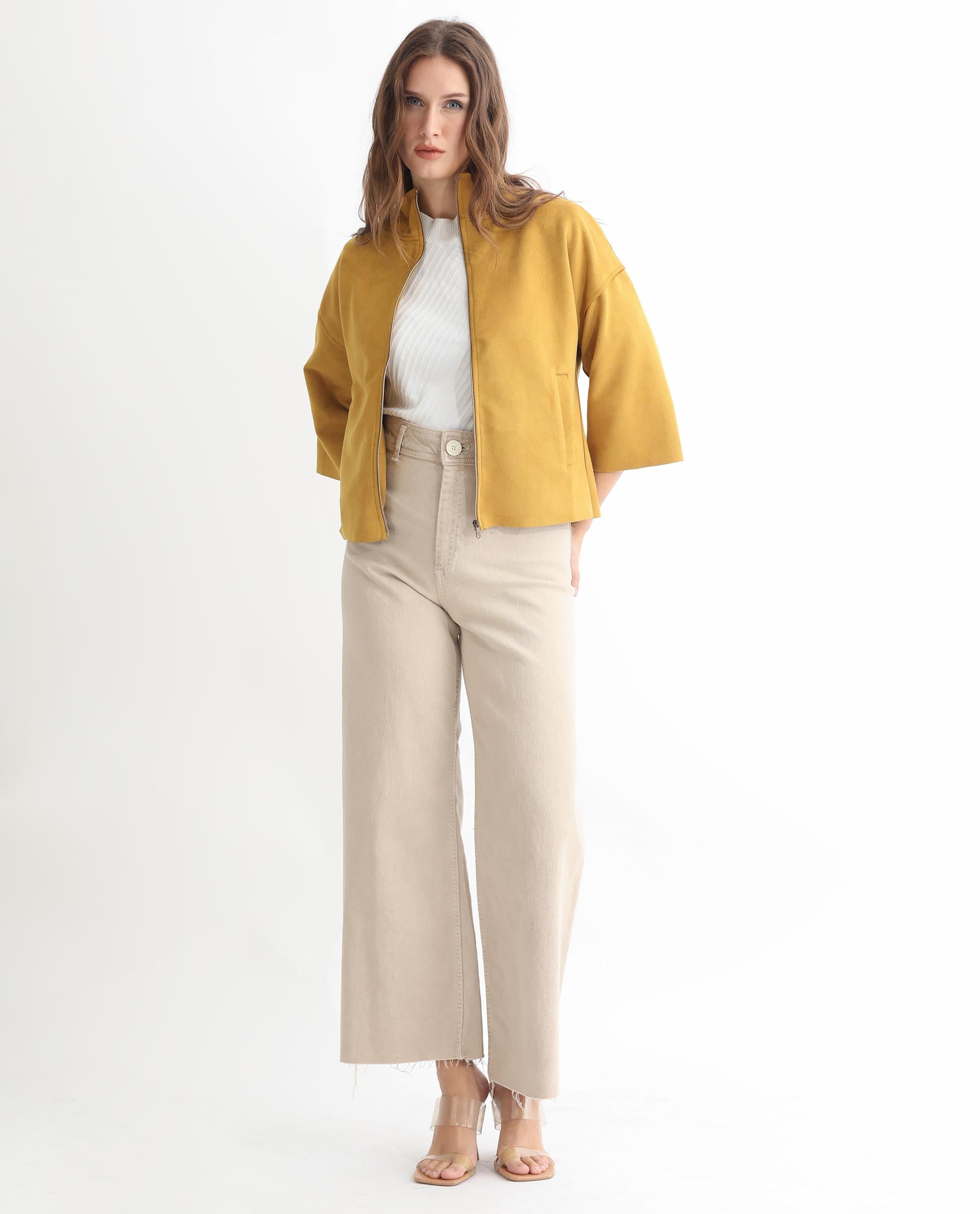 Rareism Women Vasu 1 Mustard Polyester Fabric 3/4Th Sleeves Solid Mandarin Collar Jacket