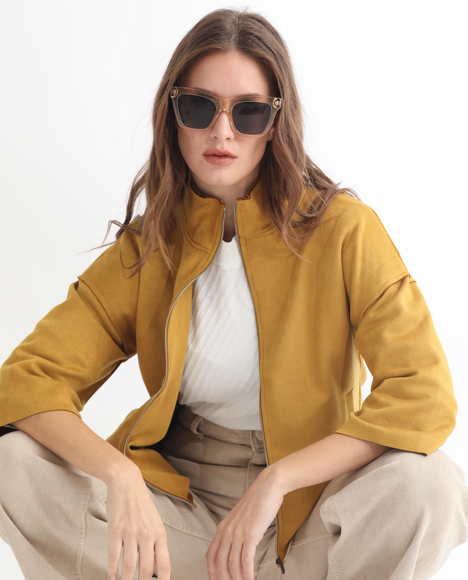 Rareism Women Vasu 1 Mustard Polyester Fabric 3/4Th Sleeves Solid Mandarin Collar Jacket