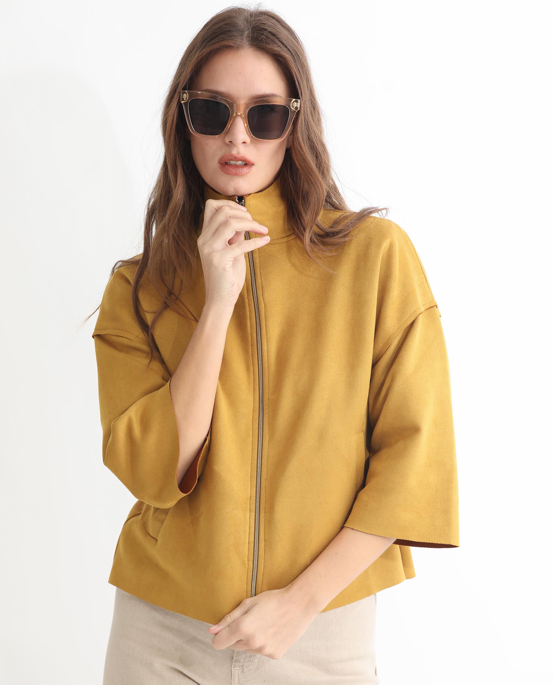 Rareism Women Vasu 1 Mustard Polyester Fabric 3/4Th Sleeves Solid Mandarin Collar Jacket