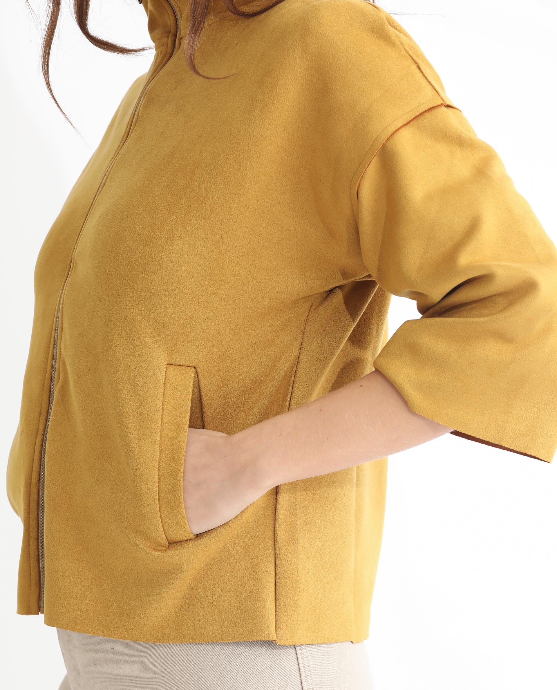 Rareism Women Vasu 1 Mustard Polyester Fabric 3/4Th Sleeves Solid Mandarin Collar Jacket