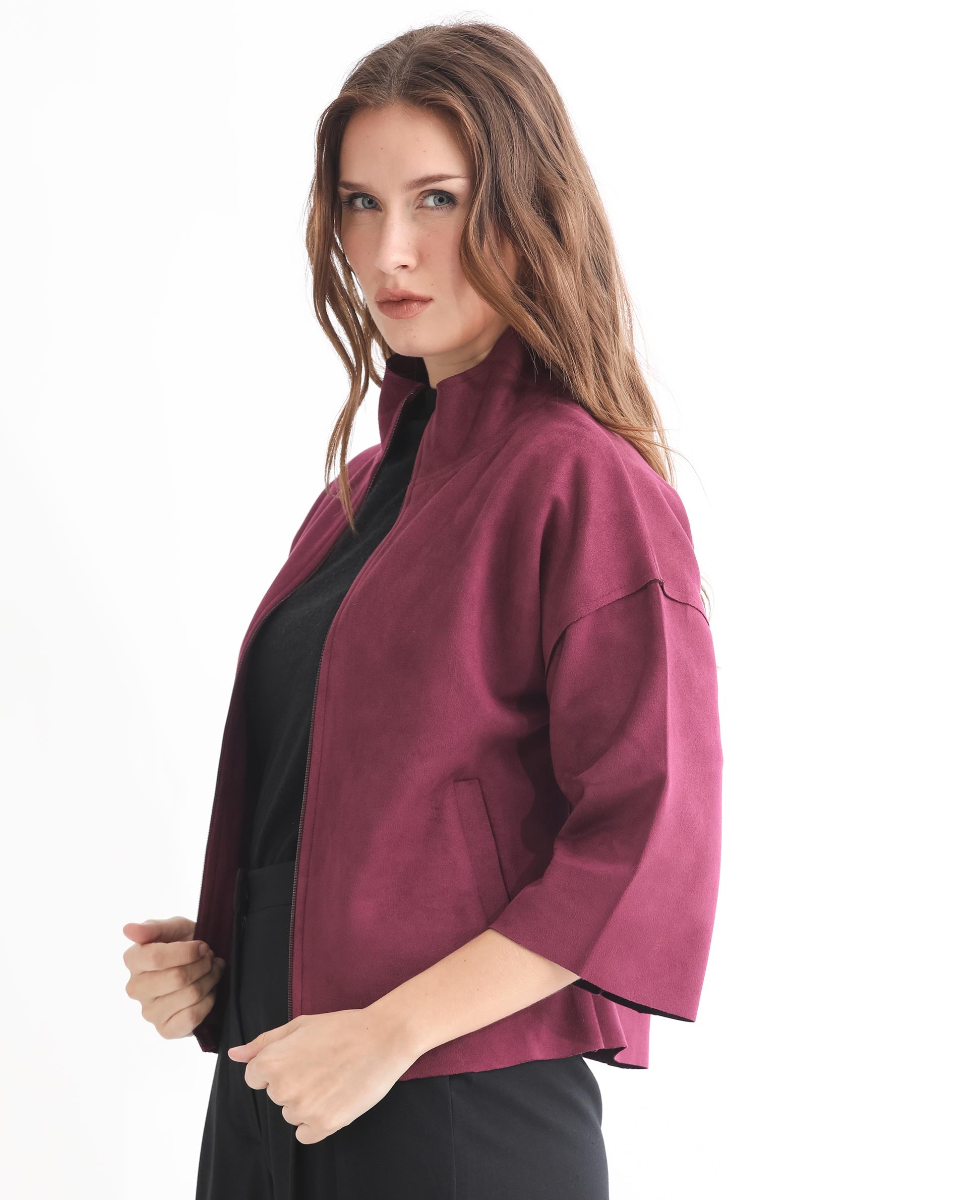 Rareism Women Vasu 1 Pink Polyester Fabric 3/4Th Sleeves Solid Mandarin Collar Jacket