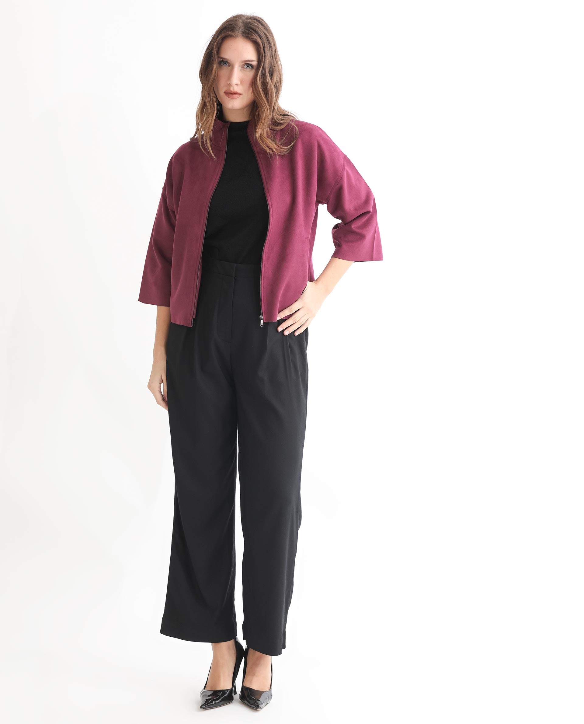 Rareism Women Vasu 1 Pink Polyester Fabric 3/4Th Sleeves Solid Mandarin Collar Jacket