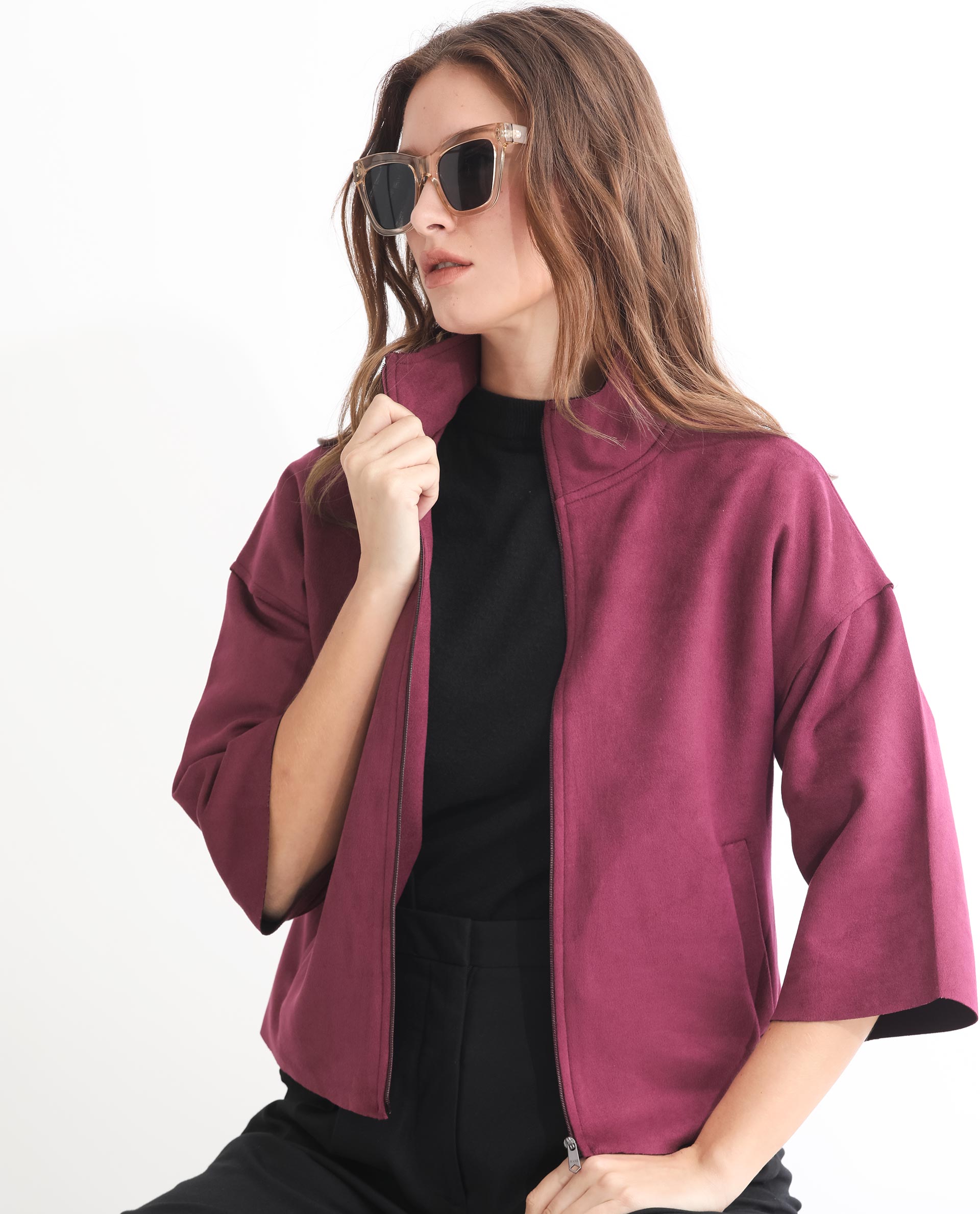 Rareism Women Vasu 1 Pink Polyester Fabric 3/4Th Sleeves Solid Mandarin Collar Jacket