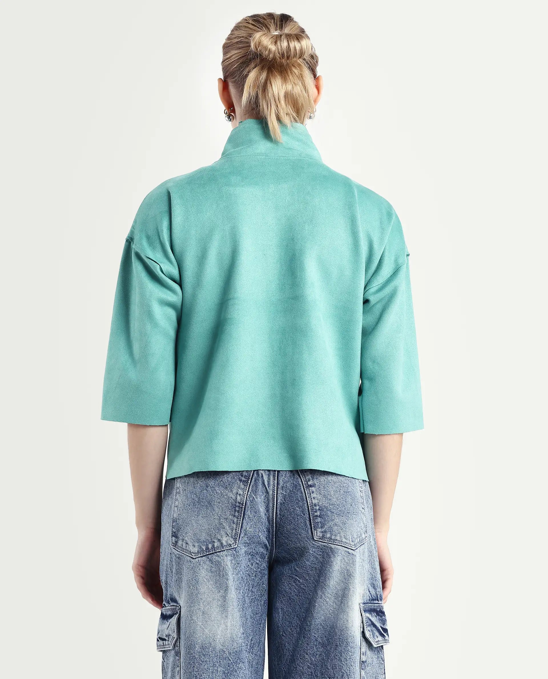 Rareism Women's Vasu 2 Light Blue Suede Stand Collar Plain Boxy Fit Jacket