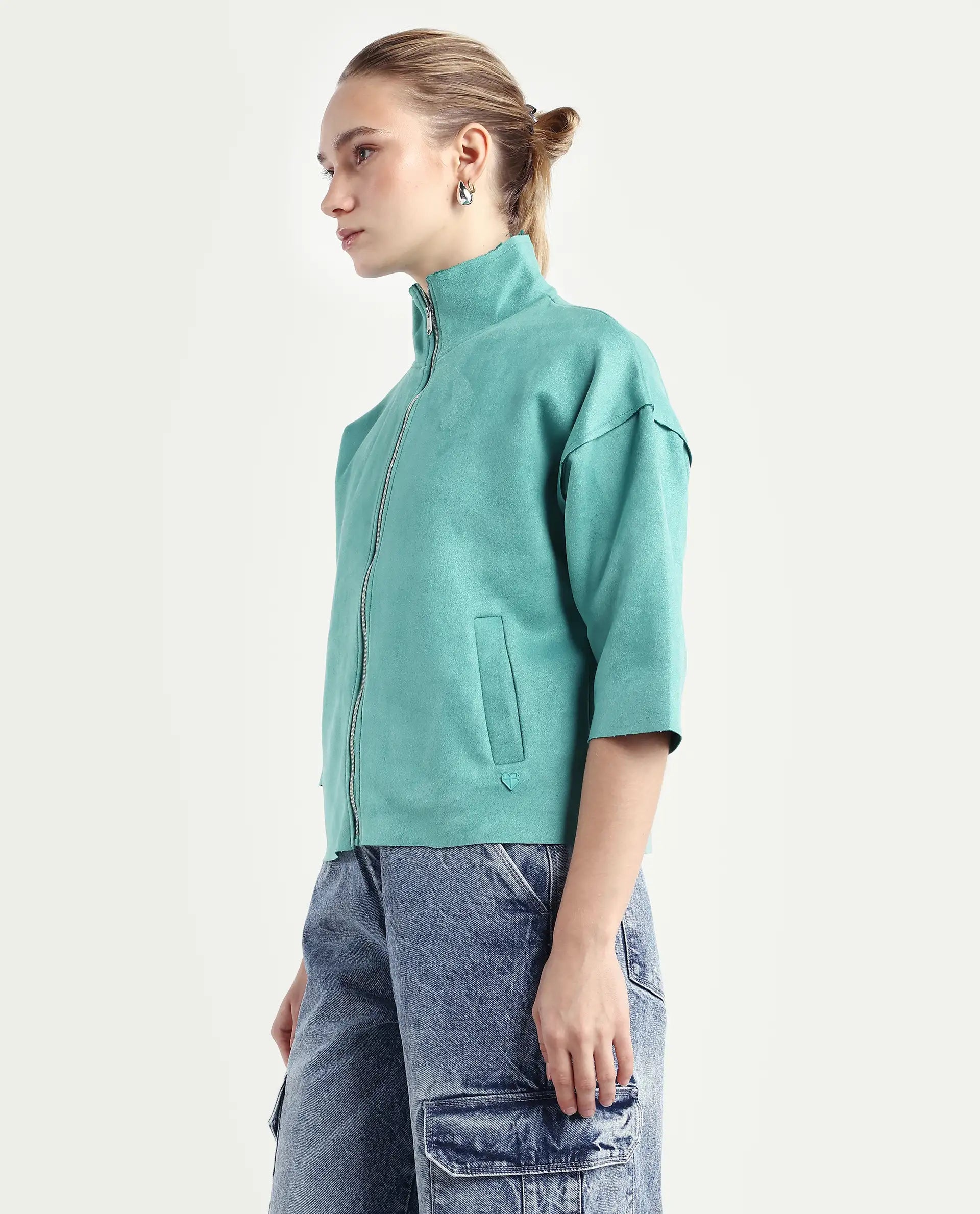 Rareism Women's Vasu 2 Light Blue Suede Stand Collar Plain Boxy Fit Jacket