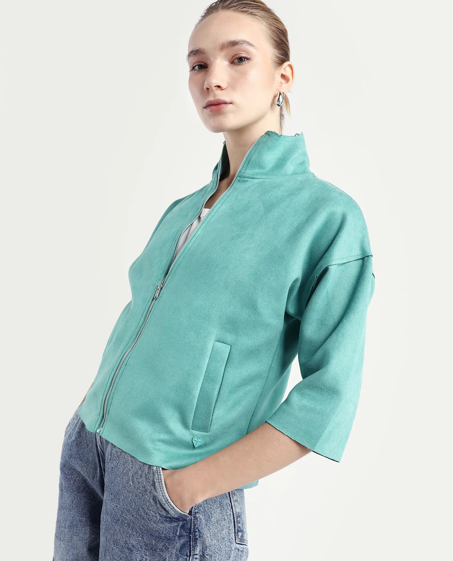 Rareism Women's Vasu 2 Light Blue Suede Stand Collar Plain Boxy Fit Jacket