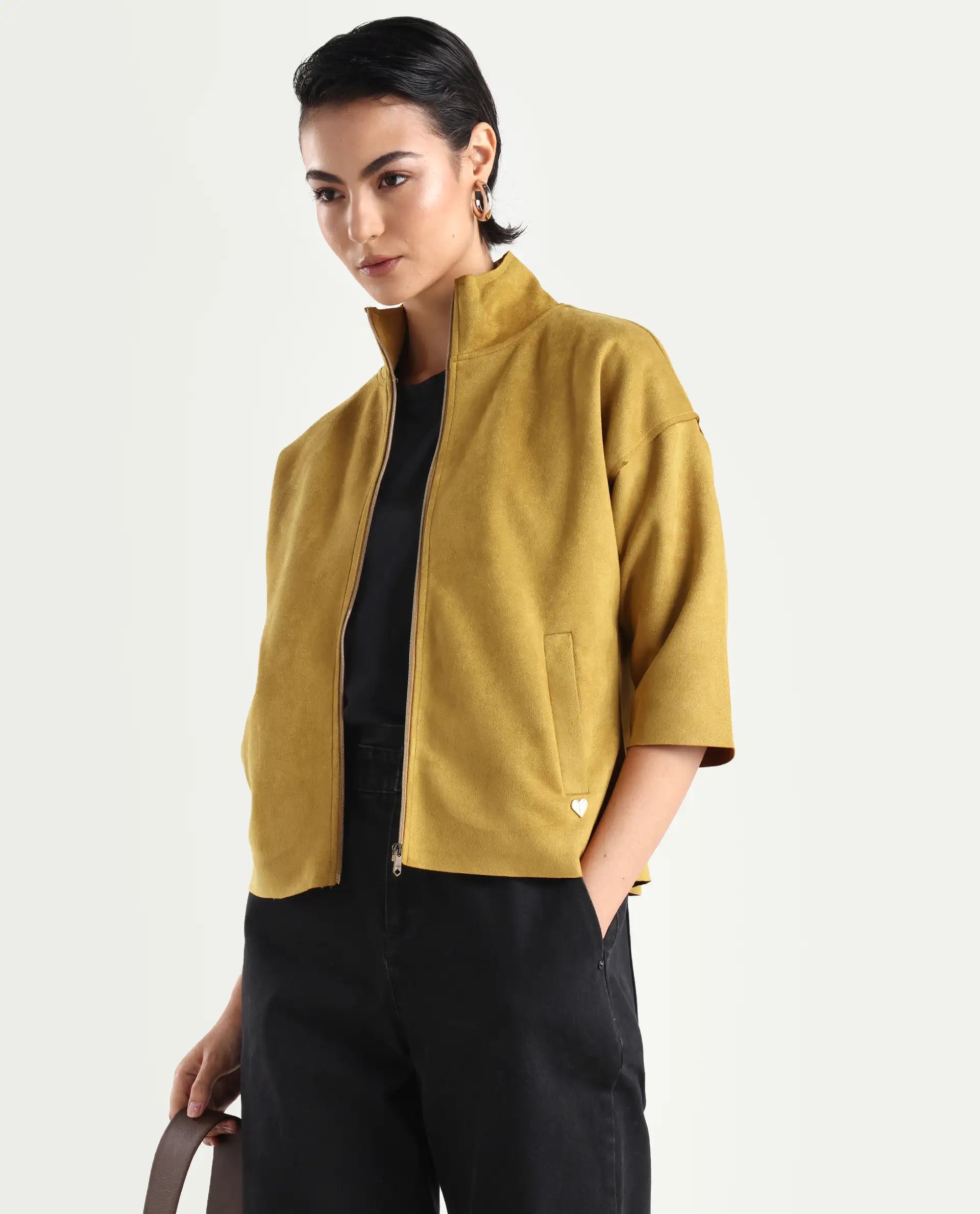 Rareism Women's Vasu 2 Mustard Suede Stand Collar Plain Boxy Fit Jacket