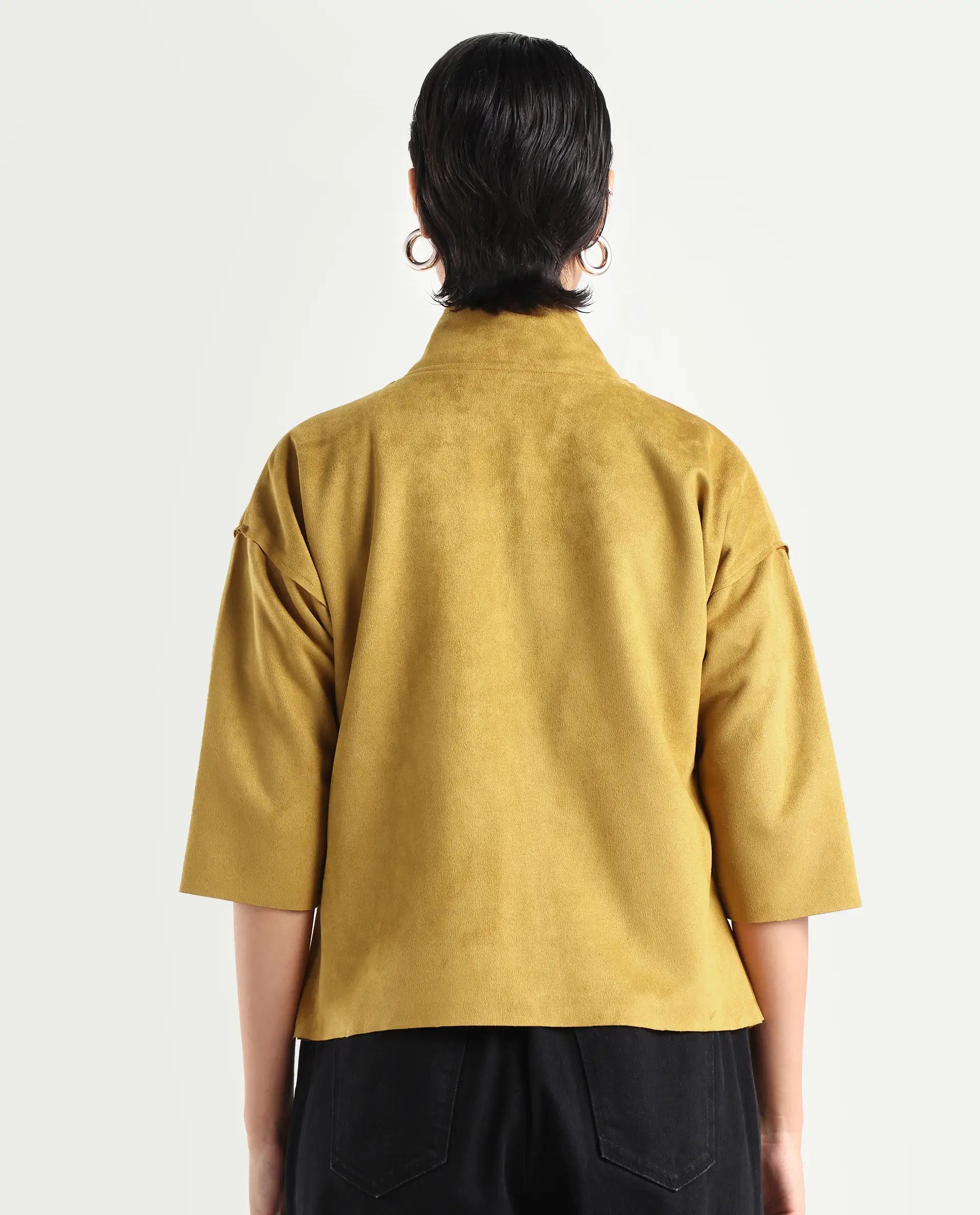 Rareism Women's Vasu 2 Mustard Suede Stand Collar Plain Boxy Fit Jacket
