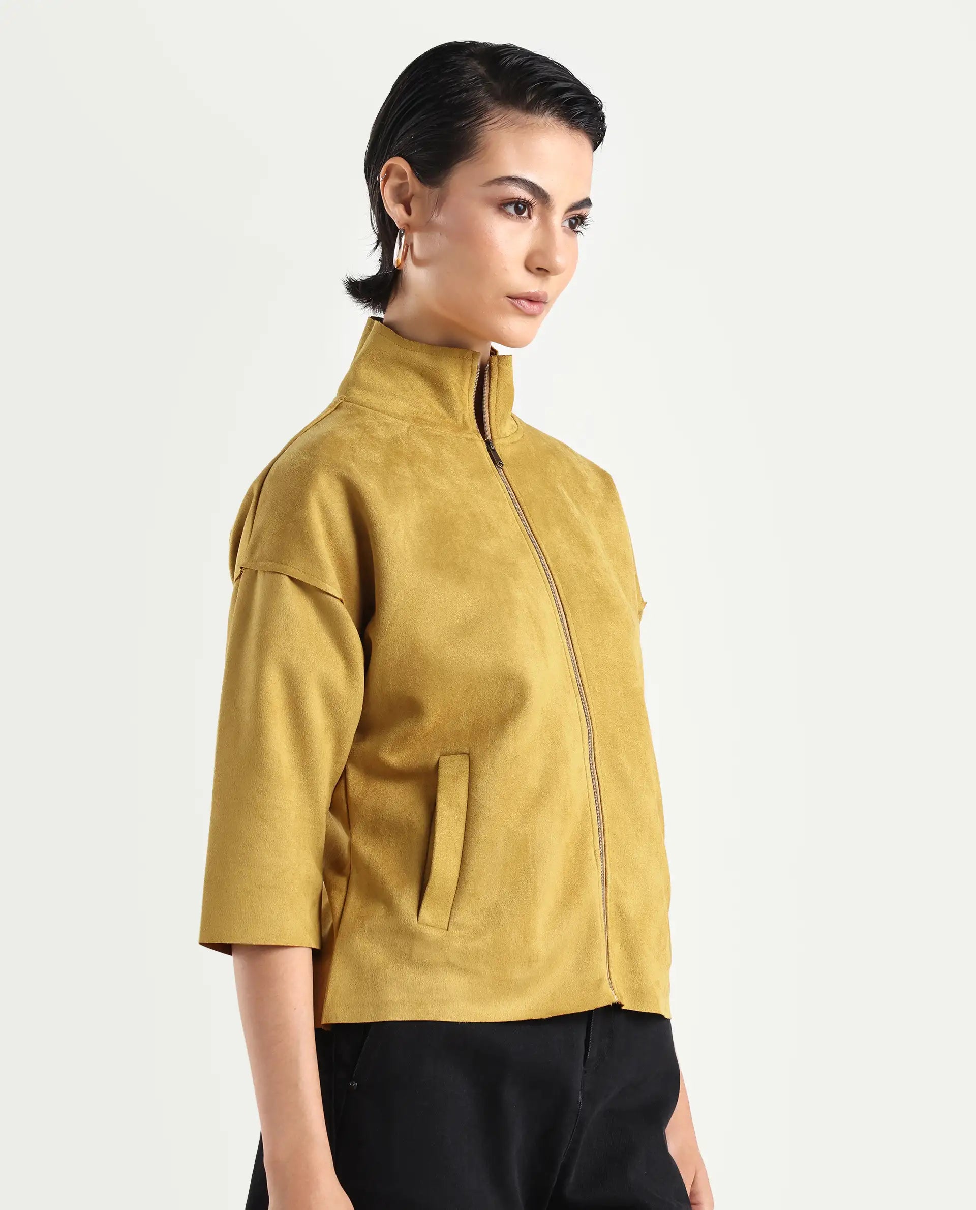 Rareism Women's Vasu 2 Mustard Suede Stand Collar Plain Boxy Fit Jacket