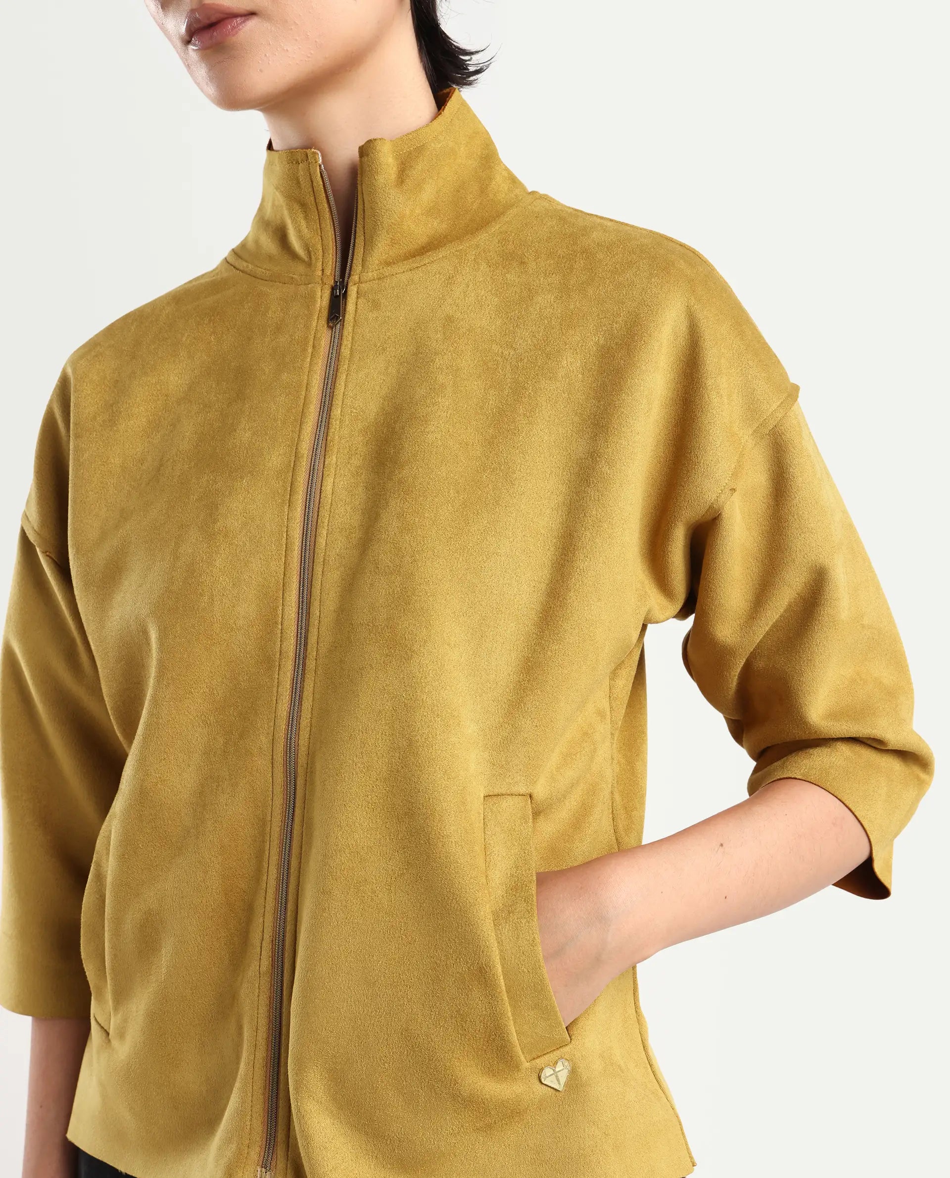 Rareism Women's Vasu 2 Mustard Suede Stand Collar Plain Boxy Fit Jacket