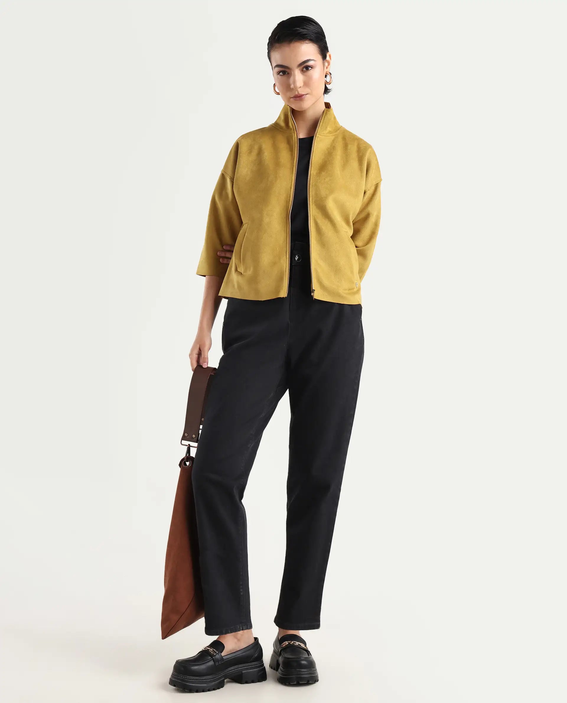Rareism Women's Vasu 2 Mustard Suede Stand Collar Plain Boxy Fit Jacket