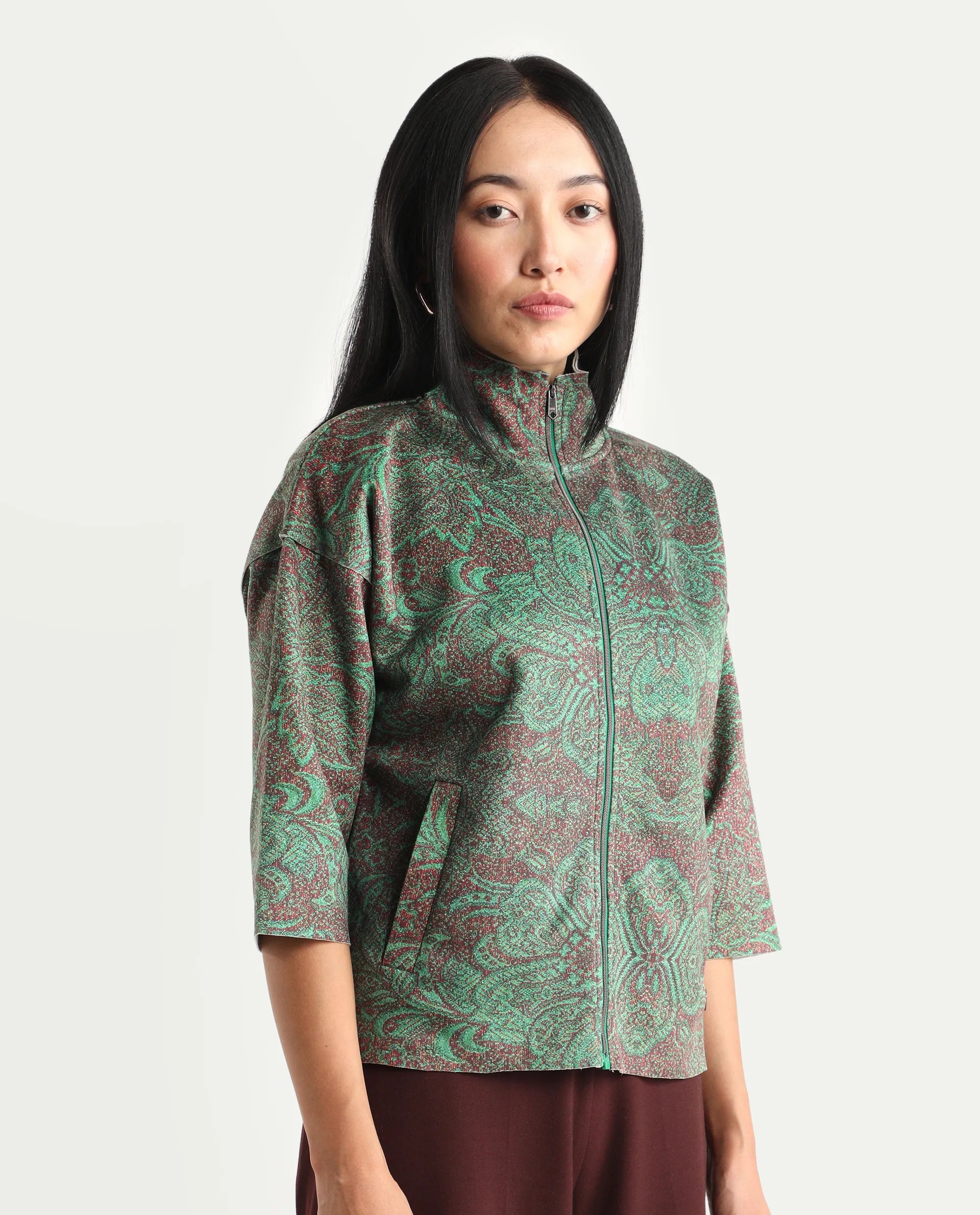 Rareism Women's Vasy Multi Suede Stand Collar Floral Print Boxy Fit Jacket