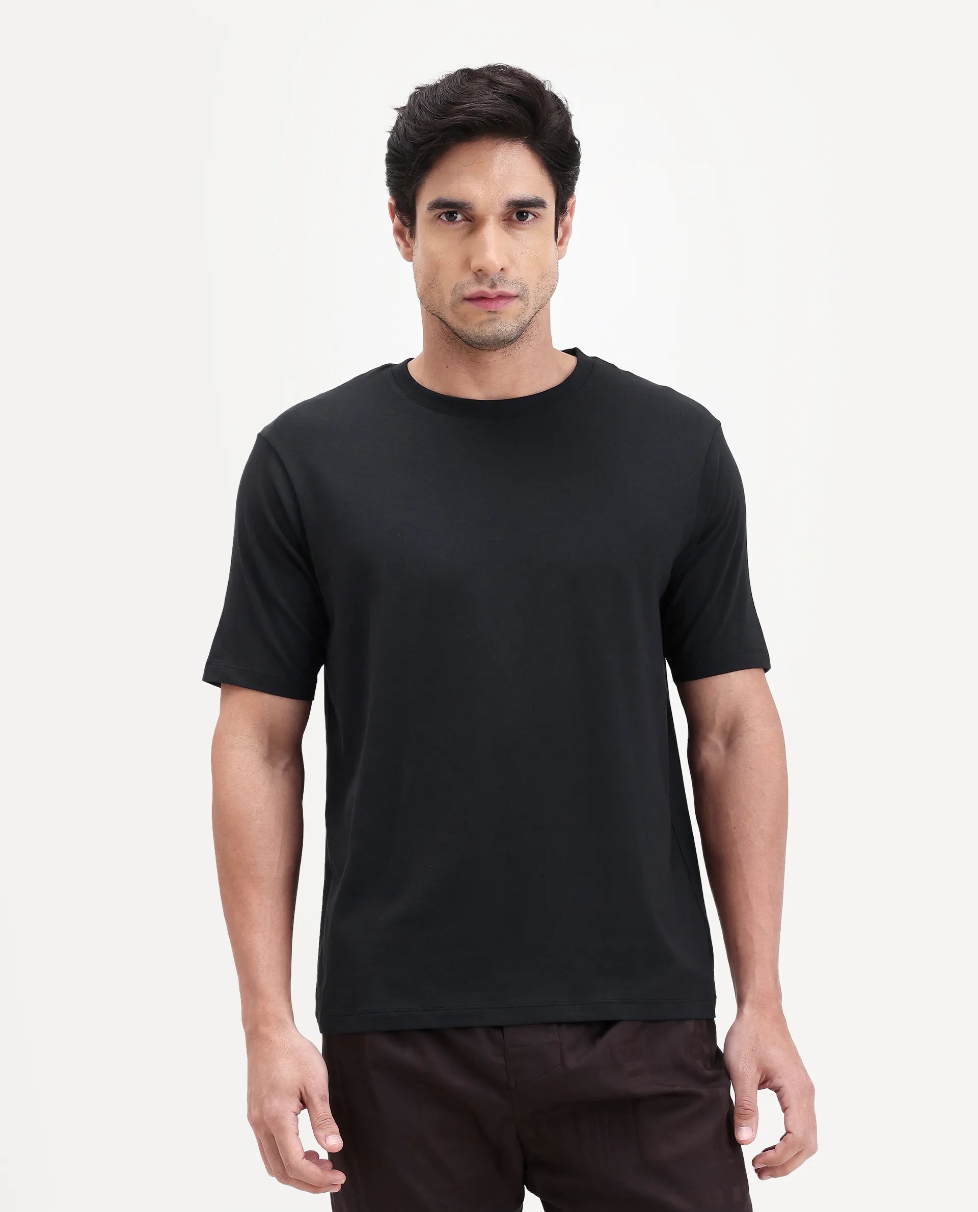 Rare Rabbit Men's Vaux Black Cotton Fabric Half Sleeve Regular Fit Plain T-Shirt