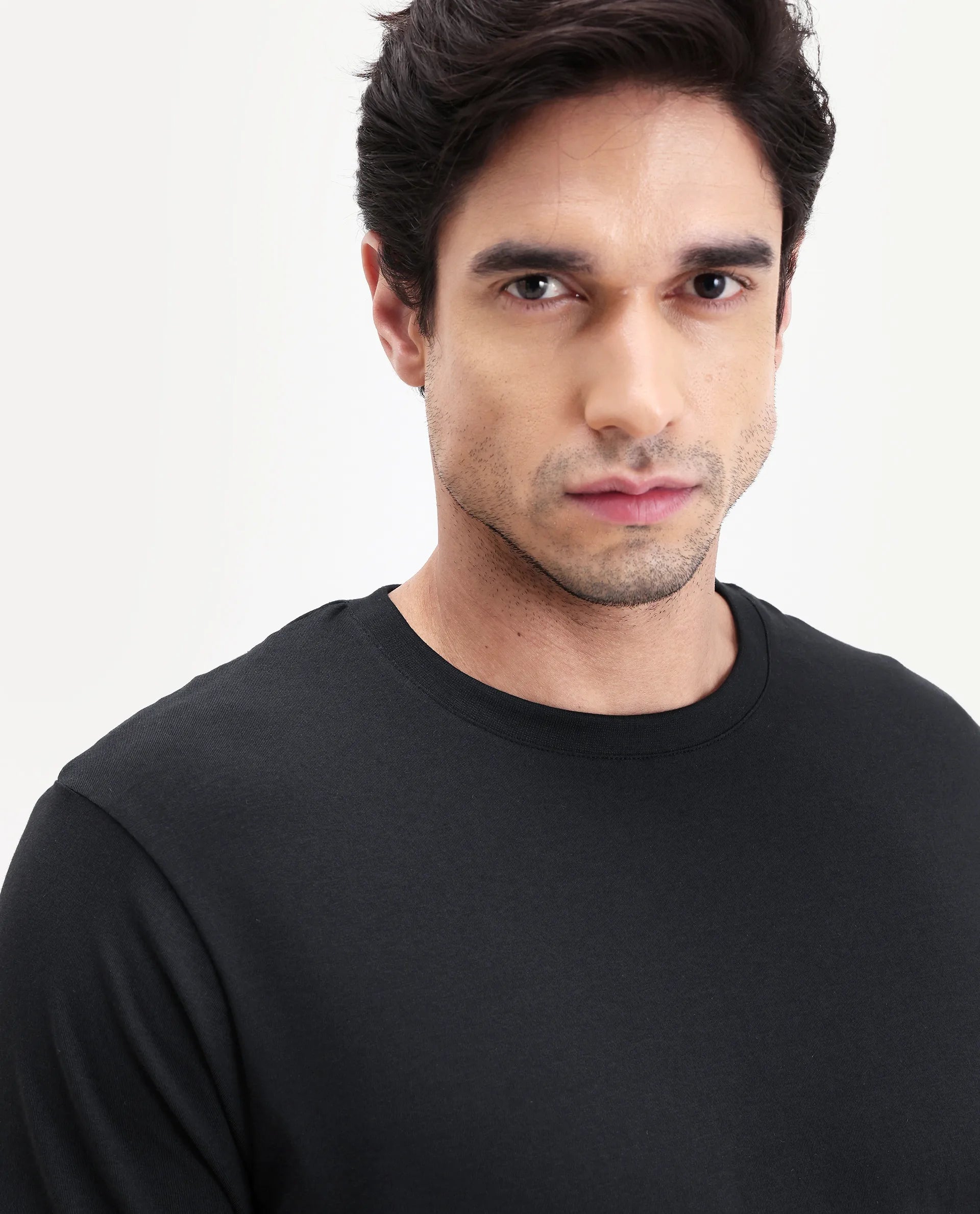 Rare Rabbit Men's Vaux Black Cotton Fabric Half Sleeve Regular Fit Plain T-Shirt