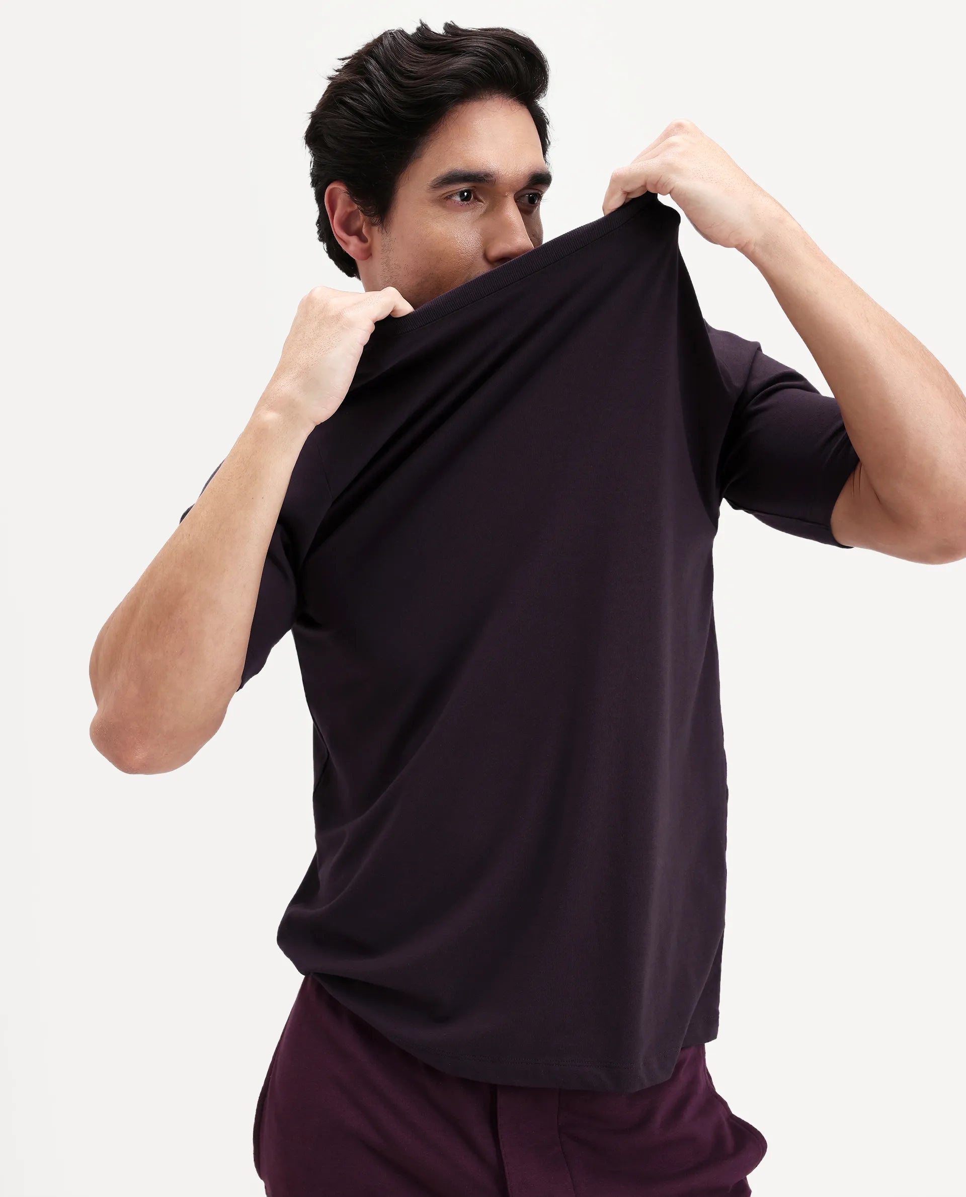 Rare Rabbit Men's Vaux Maroon Cotton Fabric Half Sleeve Regular Fit Plain T-Shirt