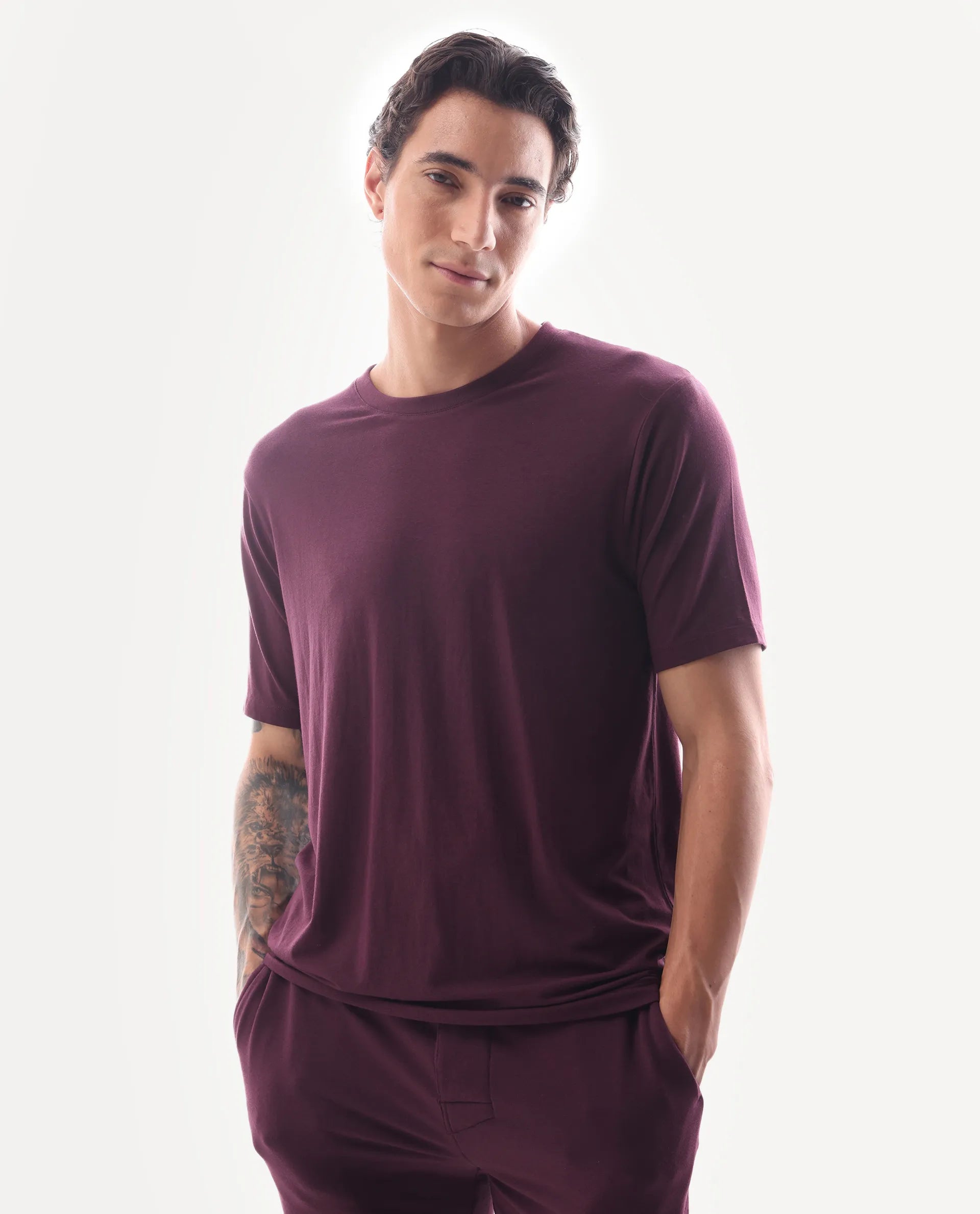 Rare Rabbit Men's Vaux Maroon Cotton Fabric Half Sleeve Regular Fit Plain T-Shirt