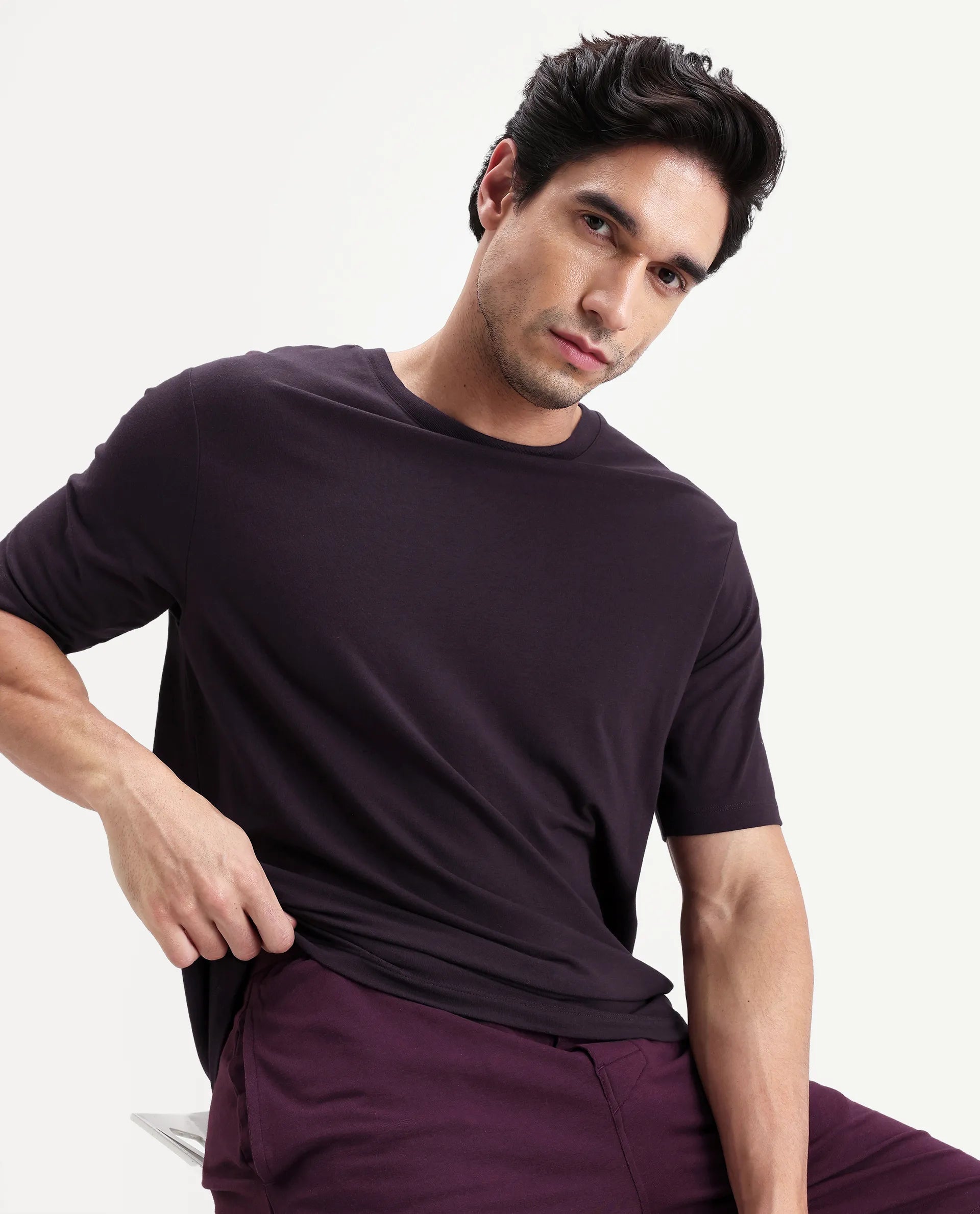 Rare Rabbit Men's Vaux Maroon Cotton Fabric Half Sleeve Regular Fit Plain T-Shirt