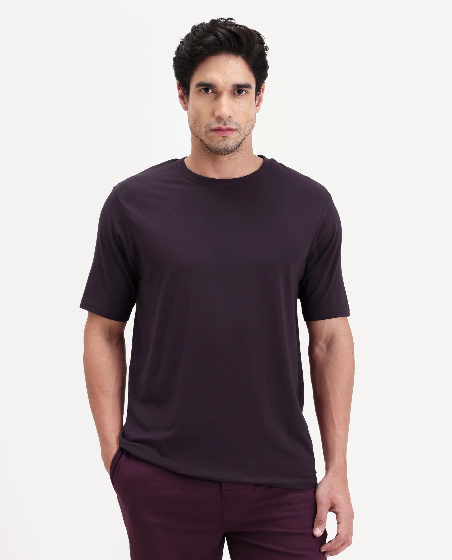 Rare Rabbit Men's Vaux Maroon Cotton Fabric Half Sleeve Regular Fit Plain T-Shirt