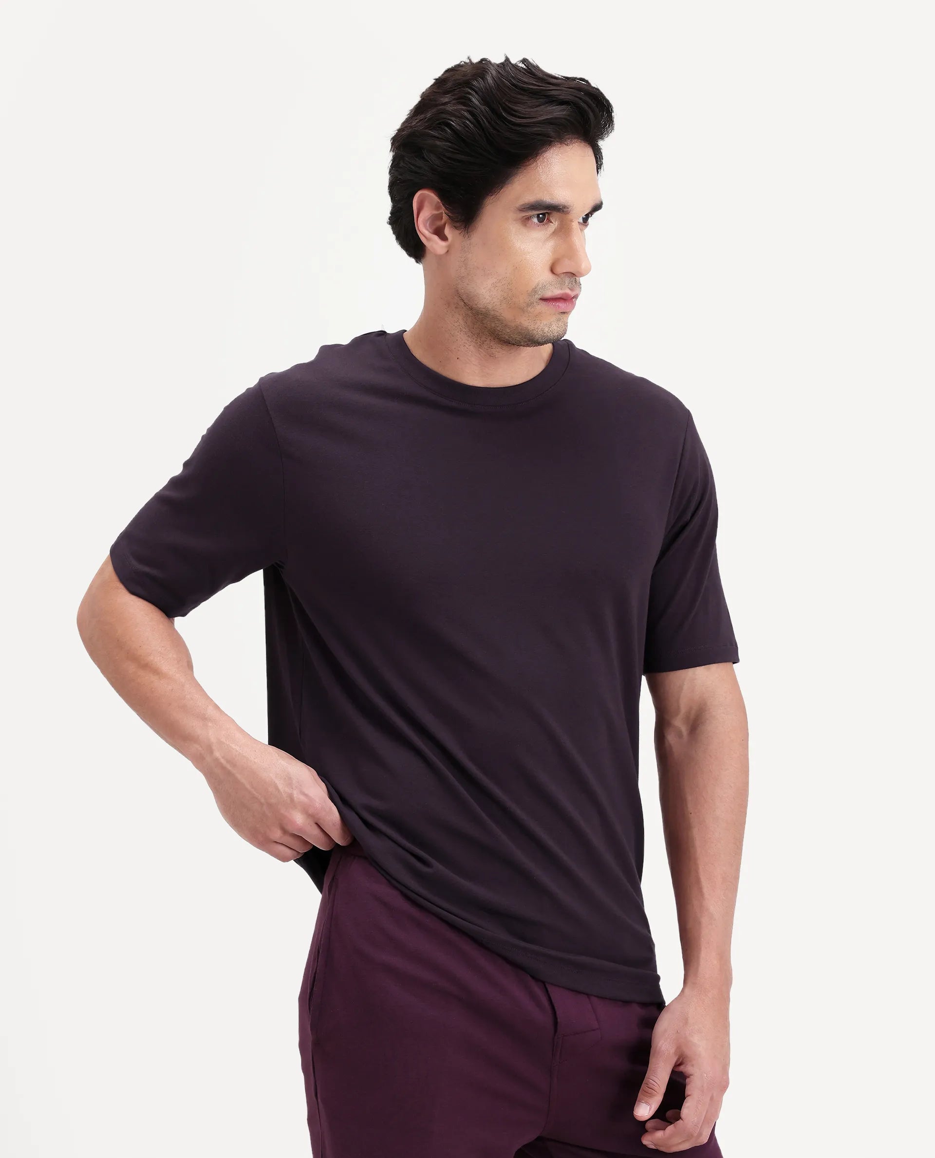 Rare Rabbit Men's Vaux Maroon Cotton Fabric Half Sleeve Regular Fit Plain T-Shirt