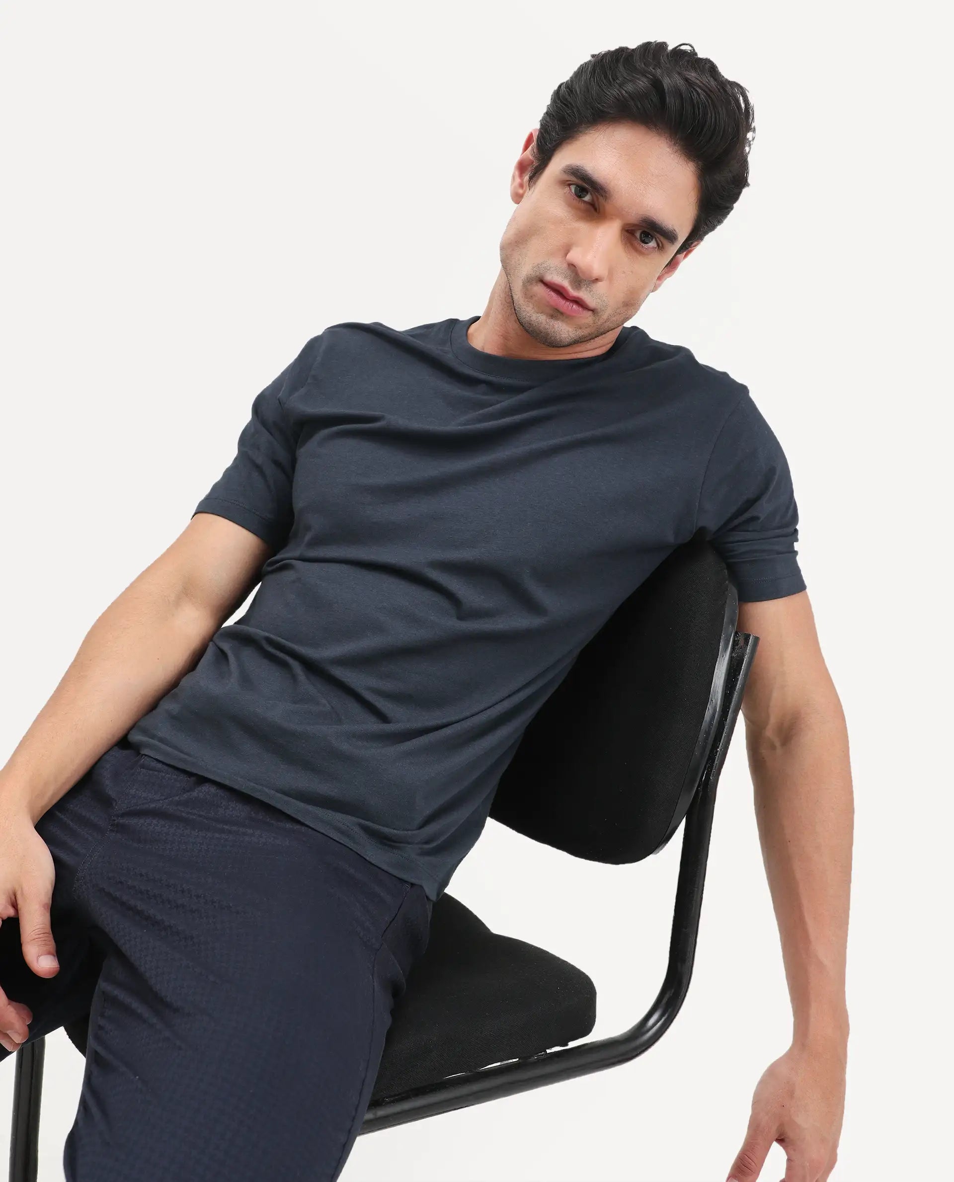 Rare Rabbit Men's Vaux Navy Cotton Modal Spandex Half Sleeve Regular Fit Plain T-Shirt