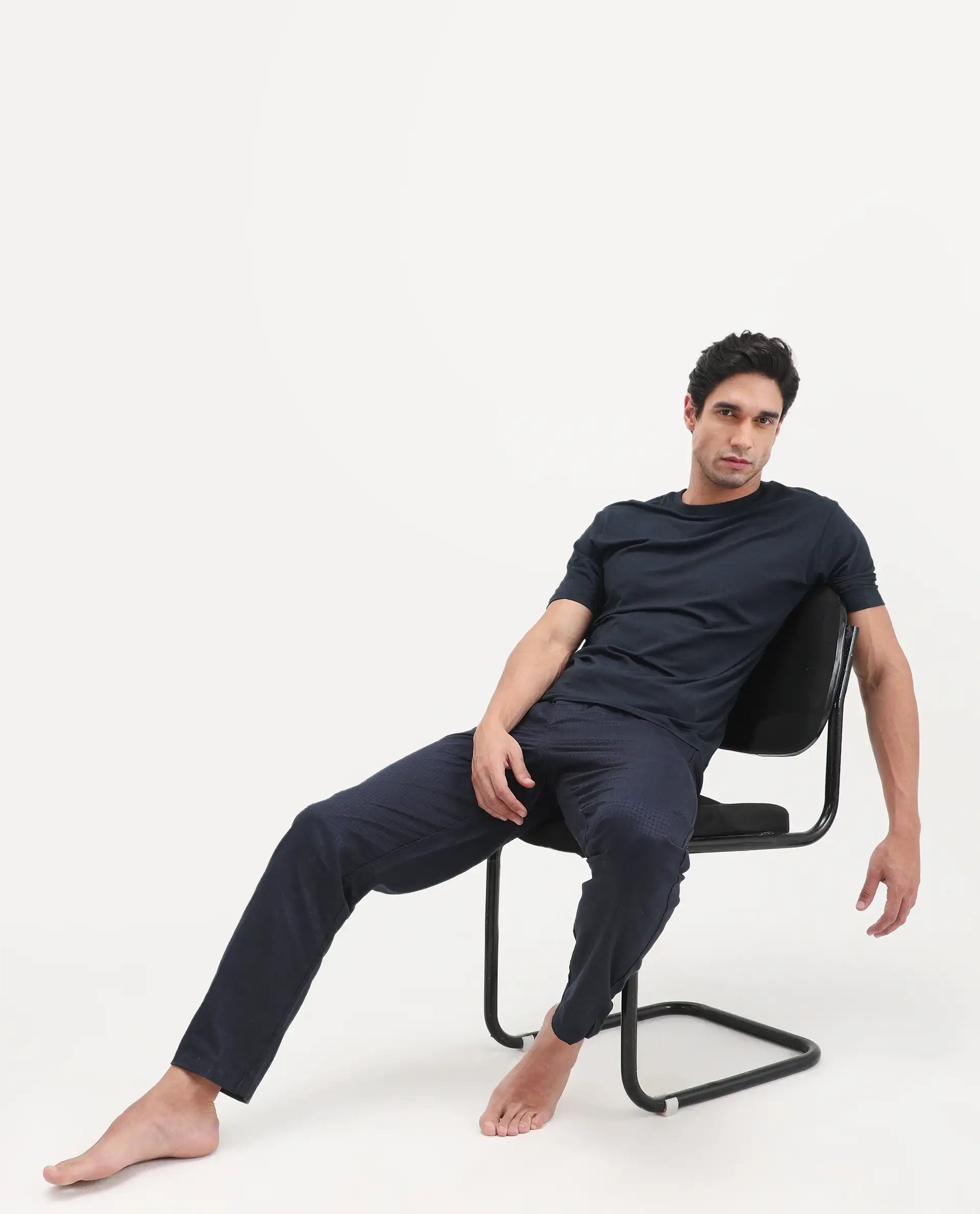 Rare Rabbit Men's Vaux Navy Cotton Modal Spandex Half Sleeve Regular Fit Plain T-Shirt