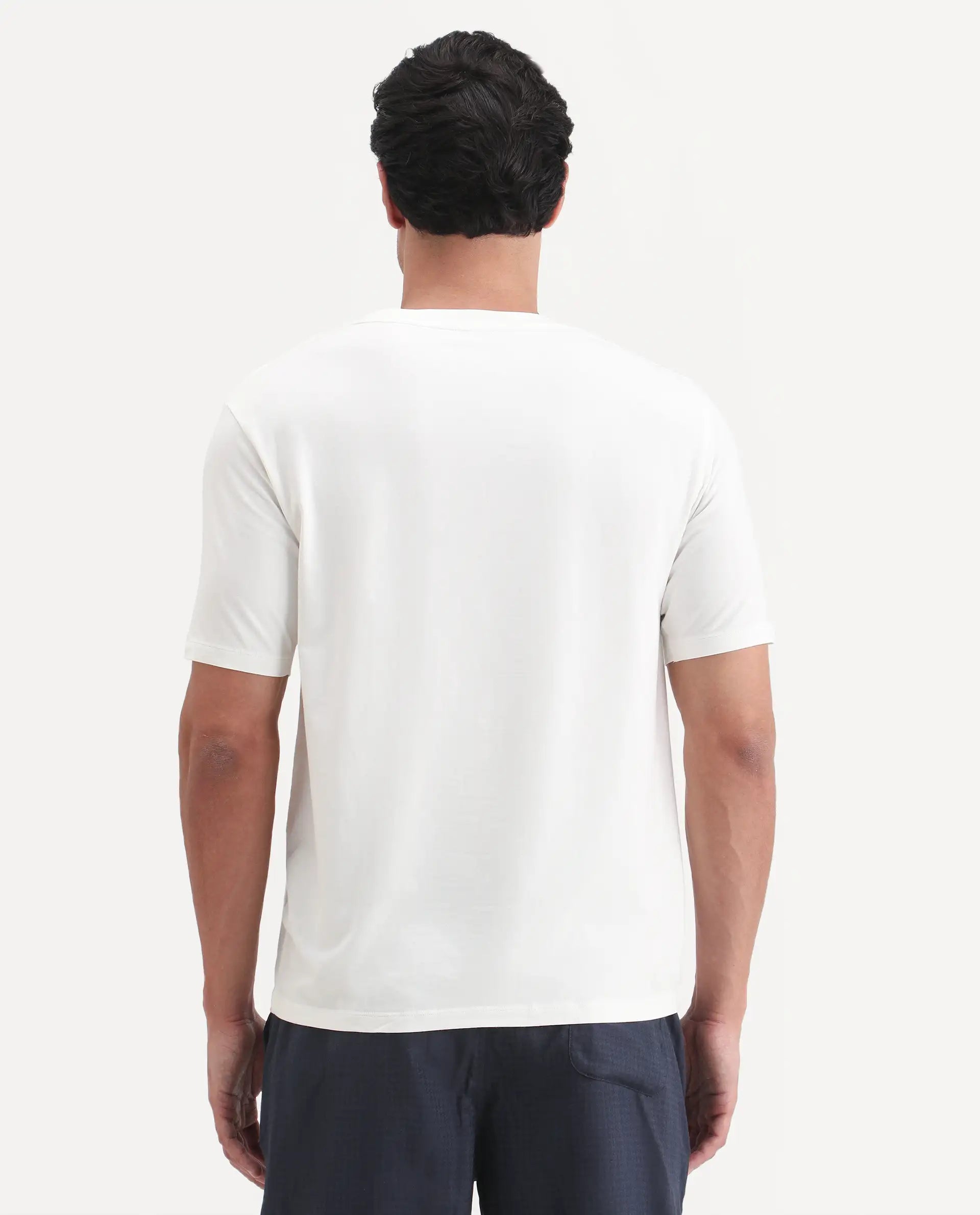 Rare Rabbit Men's Vaux Off White Cotton Modal Spandex Fabric Half Sleeve Regular Fit Plain T-Shirt