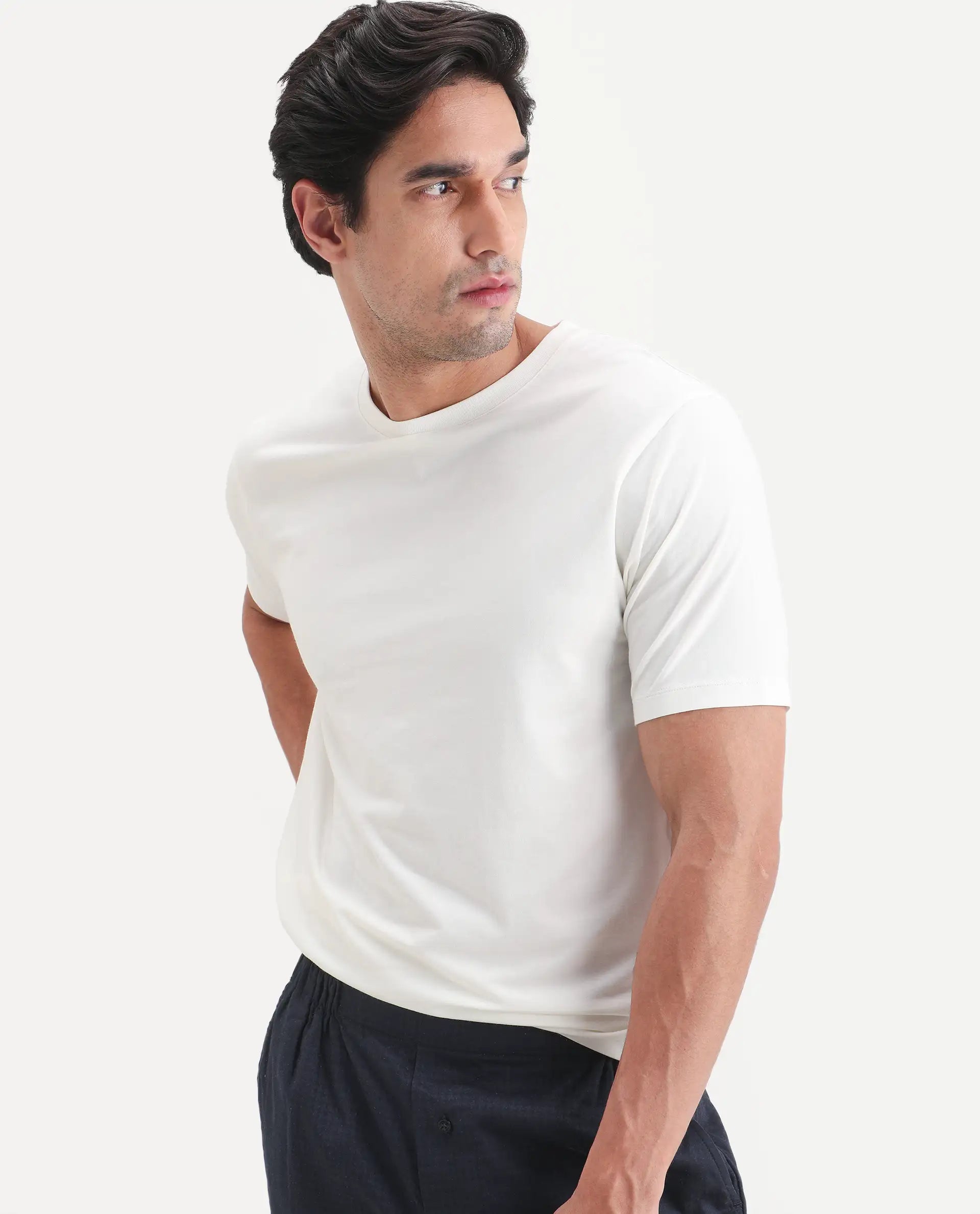 Rare Rabbit Men's Vaux Off White Cotton Modal Spandex Fabric Half Sleeve Regular Fit Plain T-Shirt
